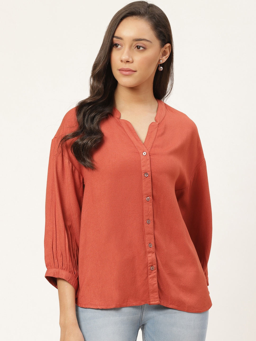 

Vaak Women Rust Orange Regular Fit Solid Casual Shirt