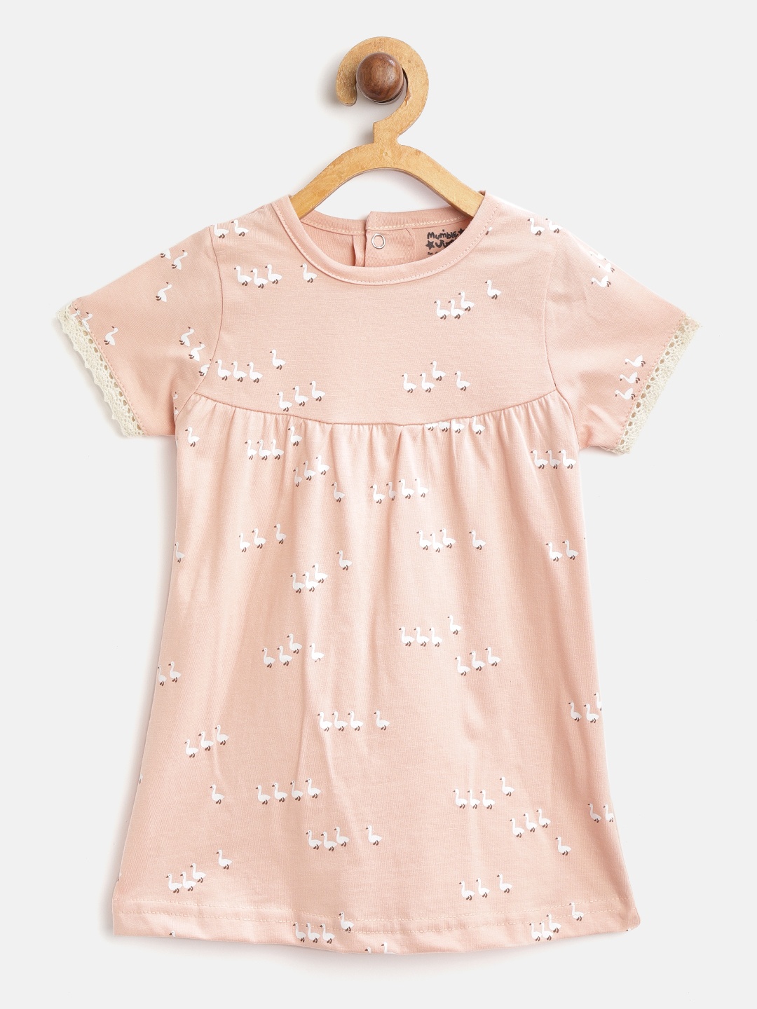 

Mumble Jumble Girls Peach-Coloured & White Printed Empire Pure Cotton Top