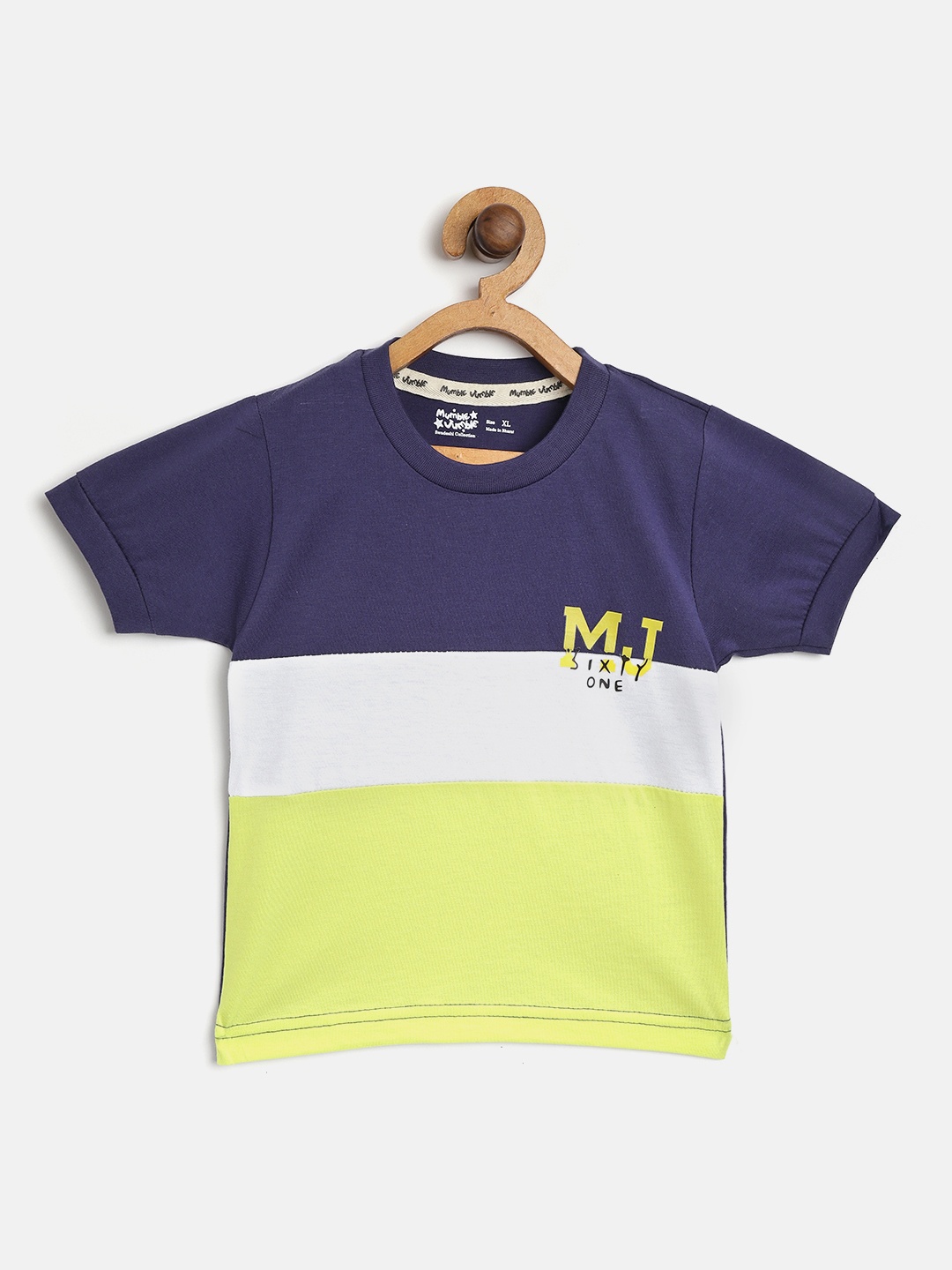 

Mumble Jumble Boys Navy Blue & Lime Green Colourblocked Round Neck T-shirt