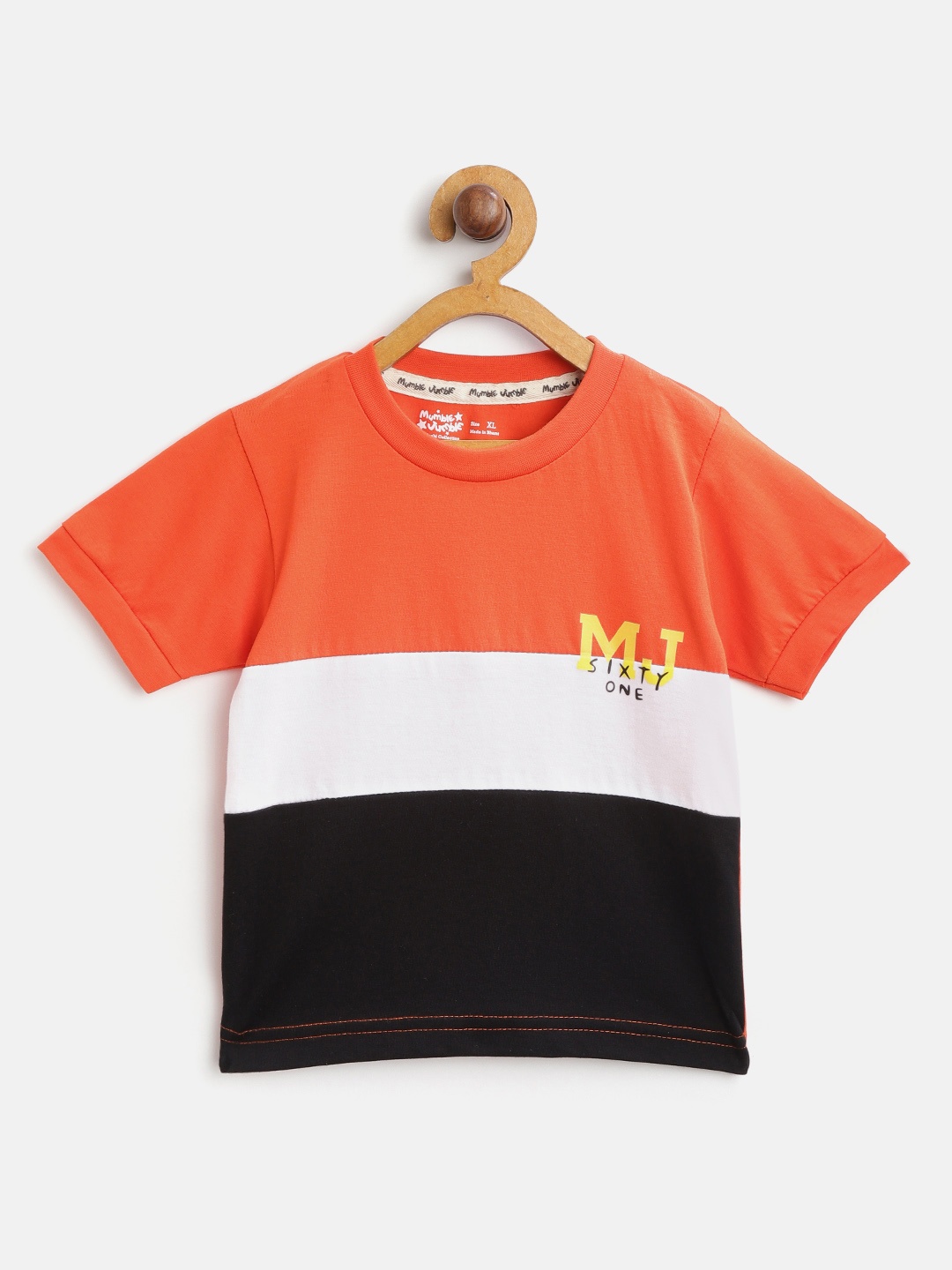 

Mumble Jumble Boys Orange & Black Colourblocked Round Neck T-shirt