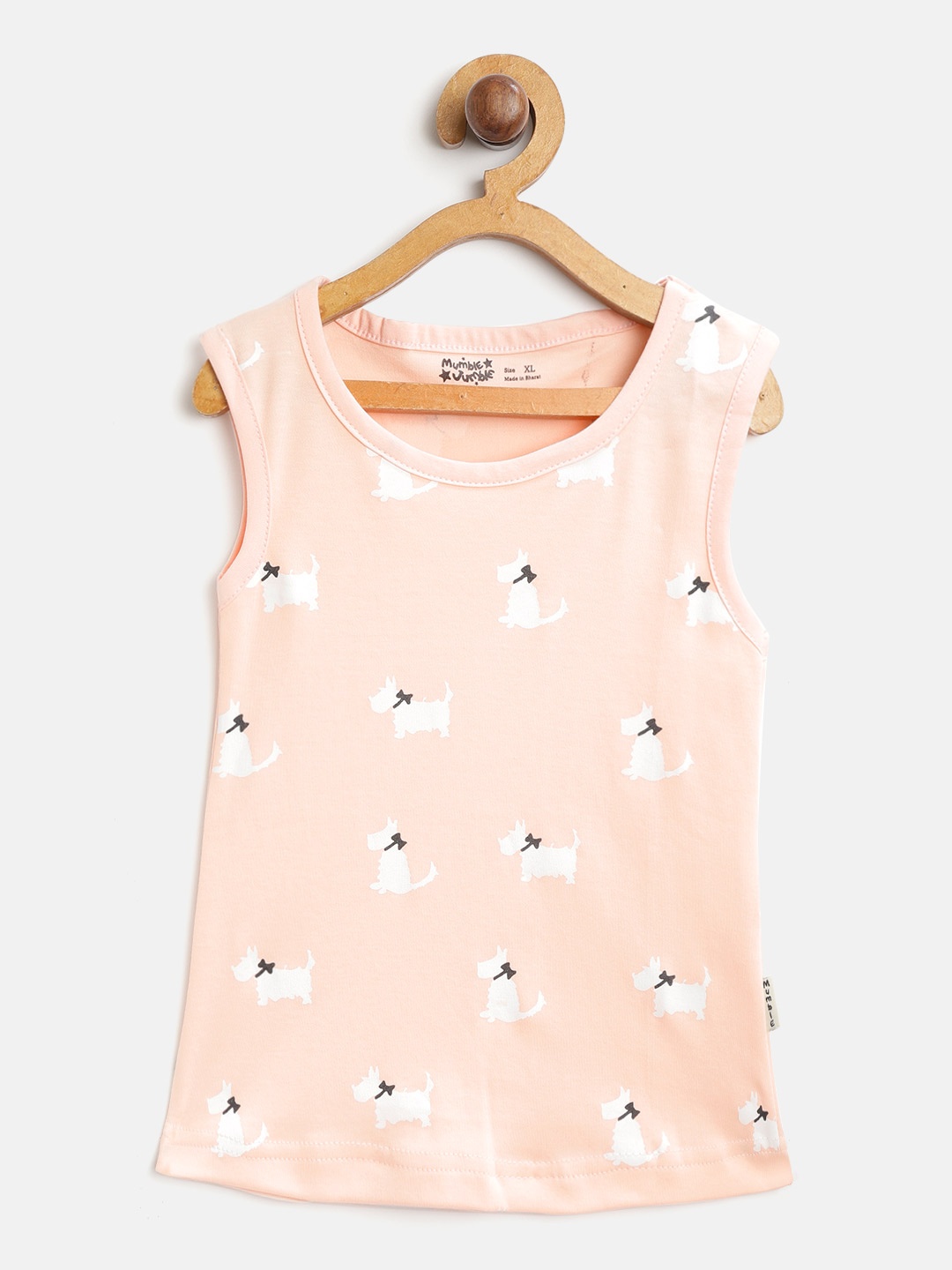 

Mumble Jumble Girls Peach-Coloured & White Dog Print Round Neck T-shirt