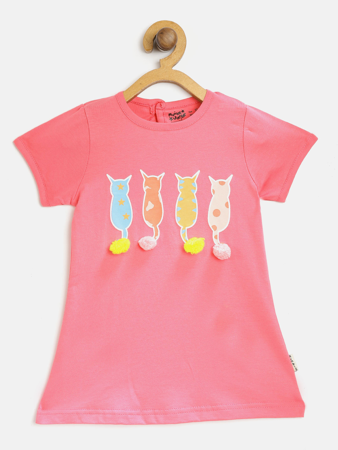 

Mumble Jumble Girls Pink Printed Round Neck T-shirt with Pom Pom Detail