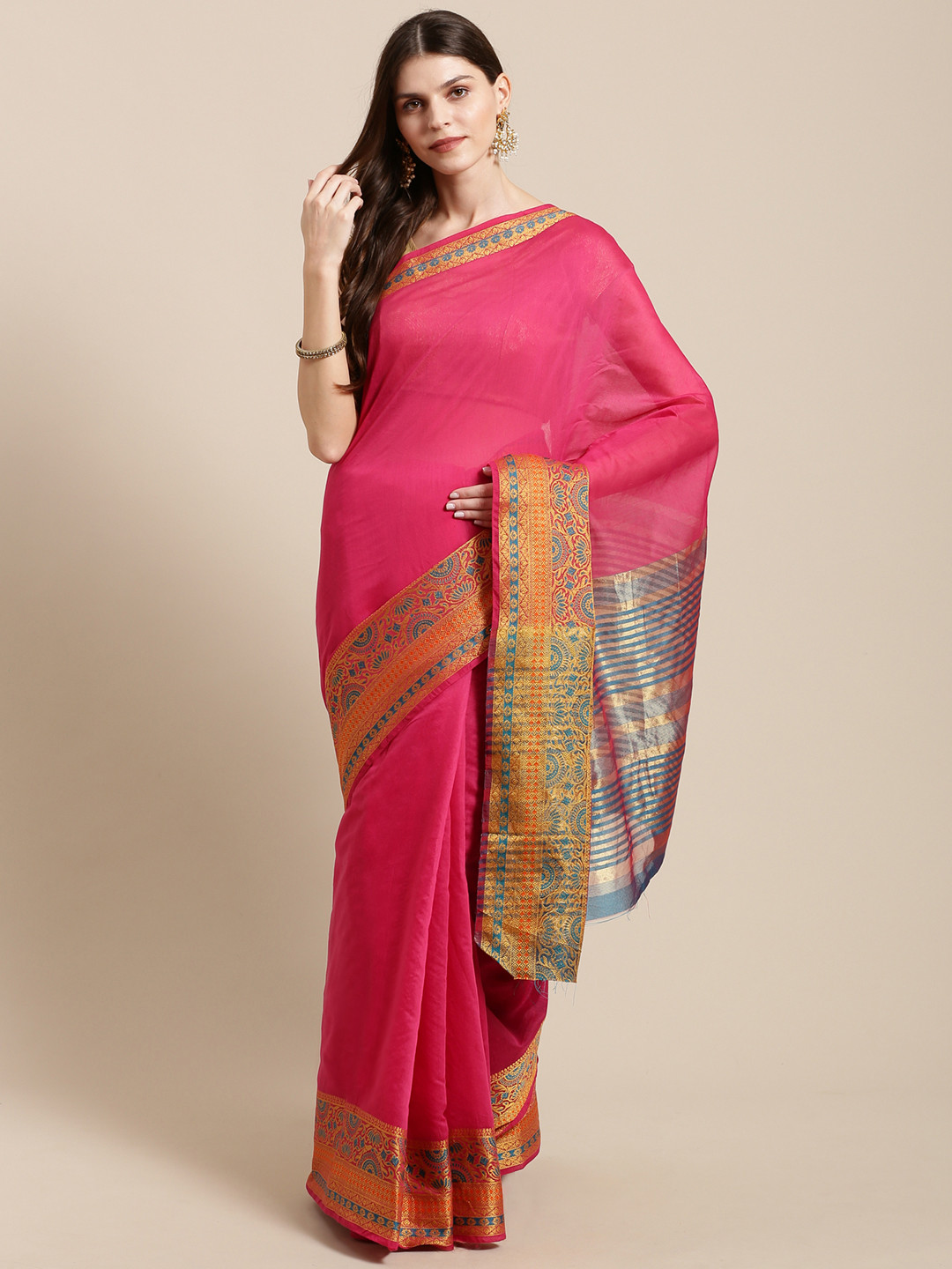 

Mitera Pink Solid Kanjeevaram Saree