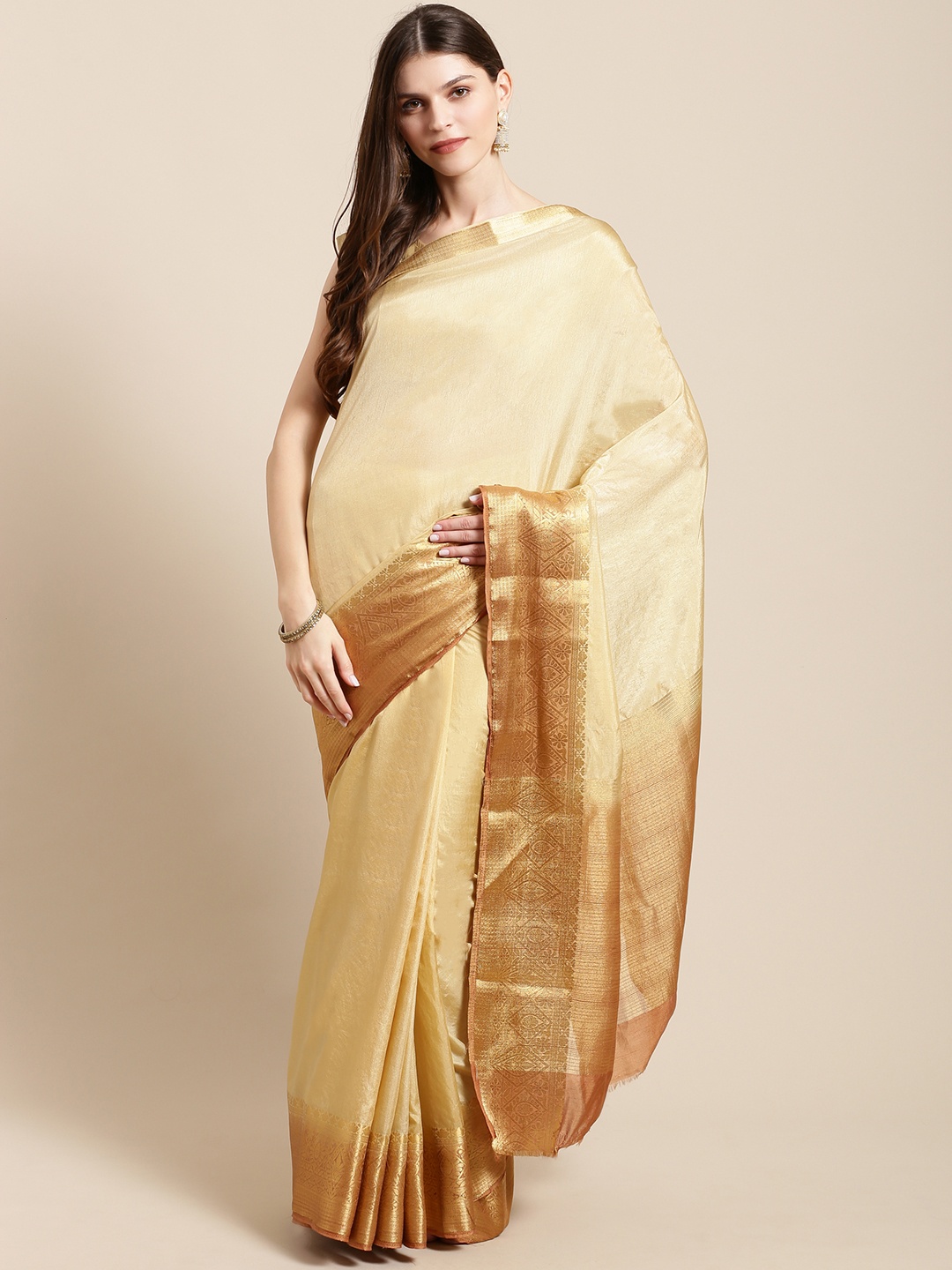 

Mitera Beige Solid Kanjeevaram Saree