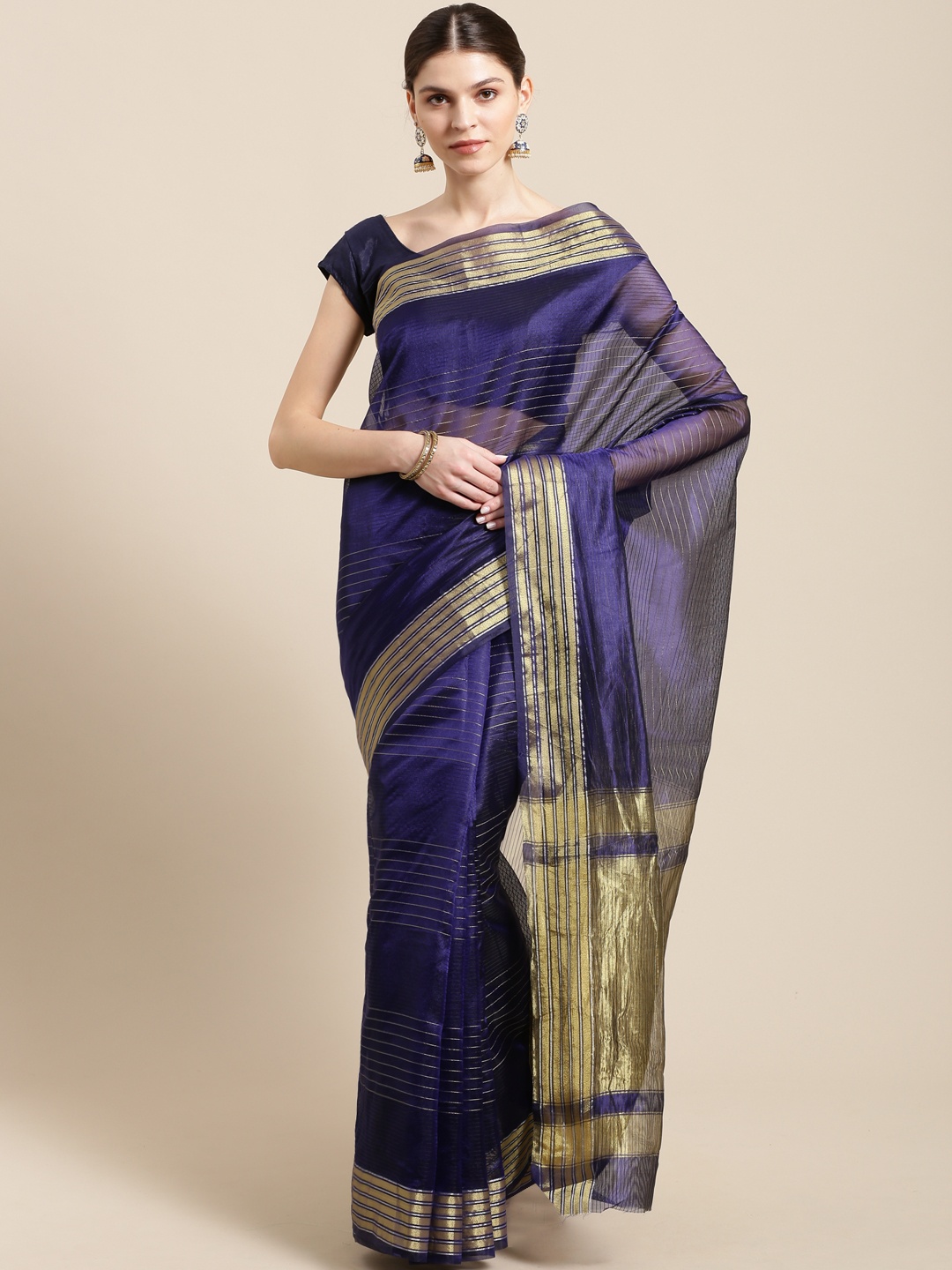 

Mitera Navy Blue & Golden Striped Kanjeevaram Saree