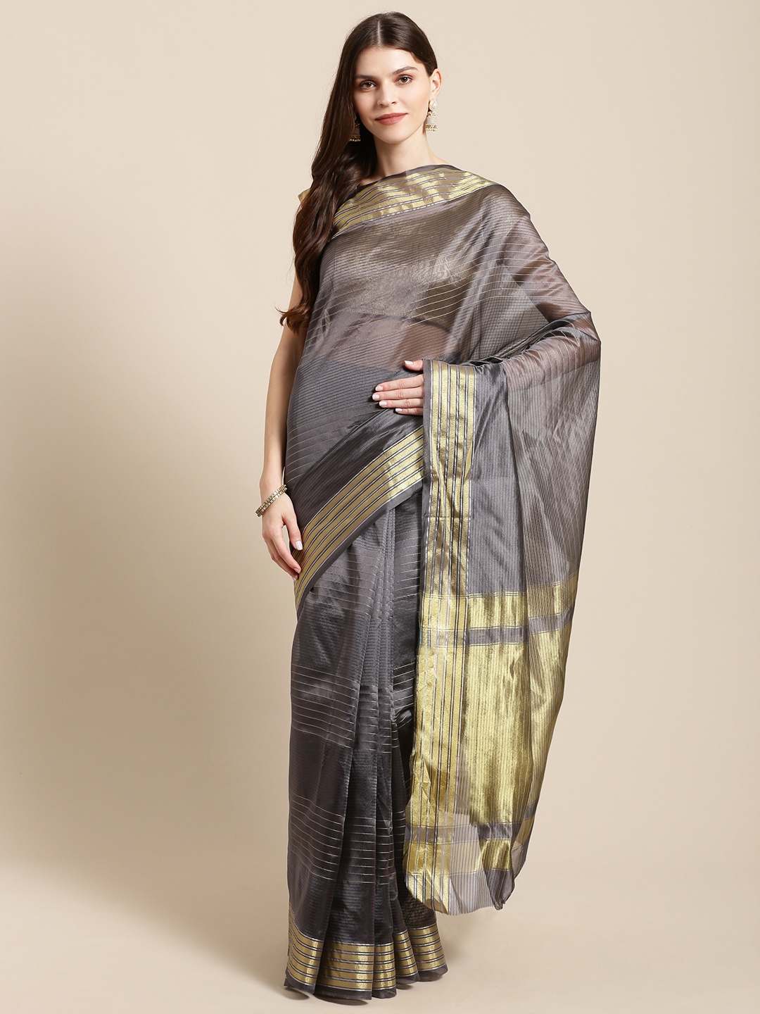 

Mitera Charcoal Grey & Golden Zari Striped Saree