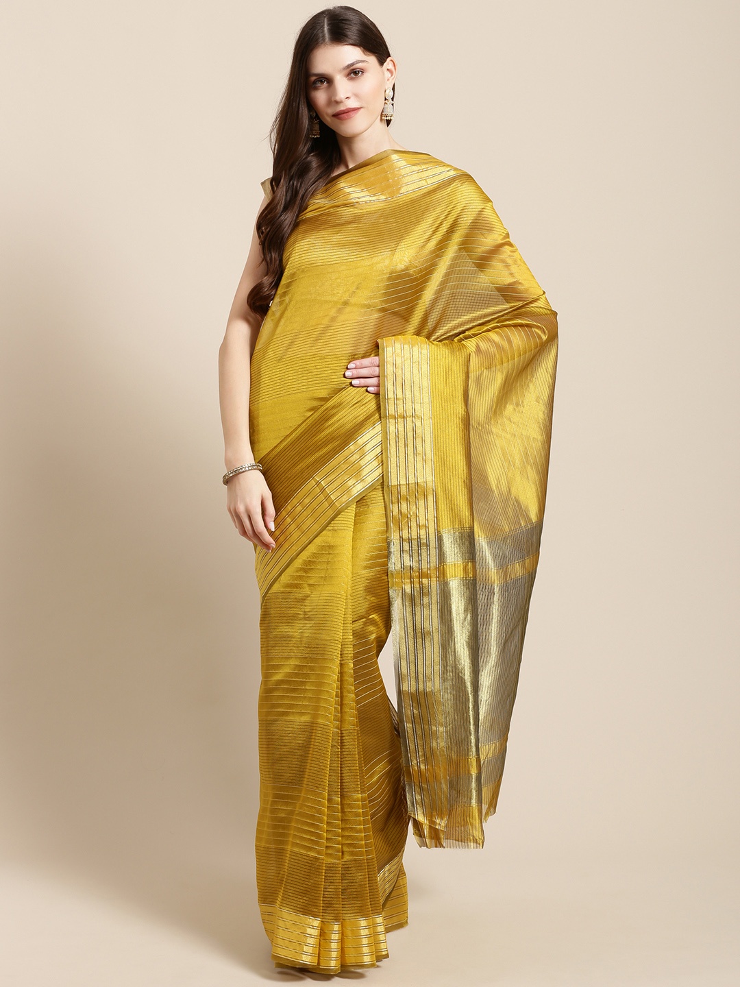 

Mitera Mustard Brown Striped Kanjeevaram Saree