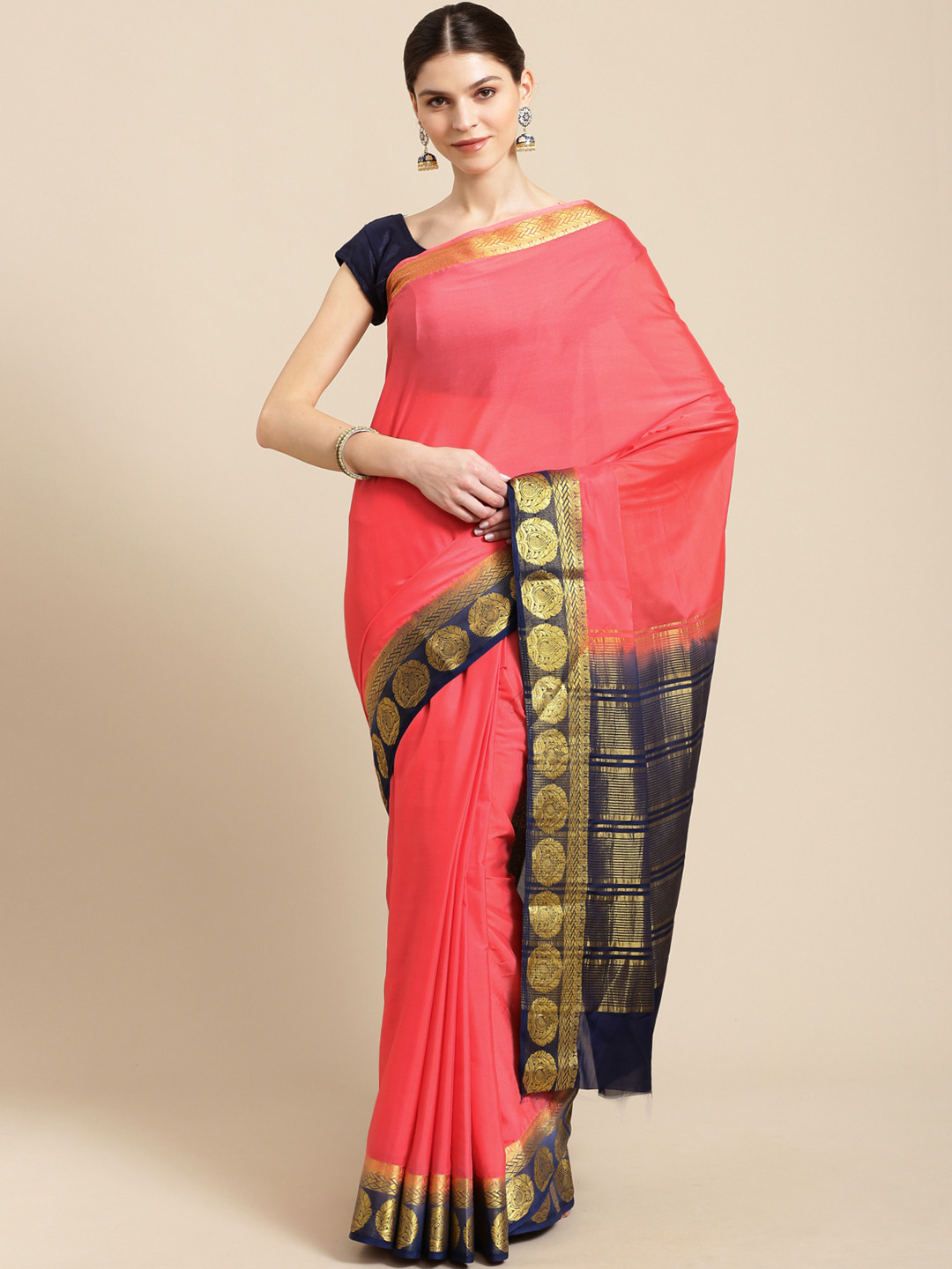 

Mitera Coral Pink Solid Kanjeevaram Saree