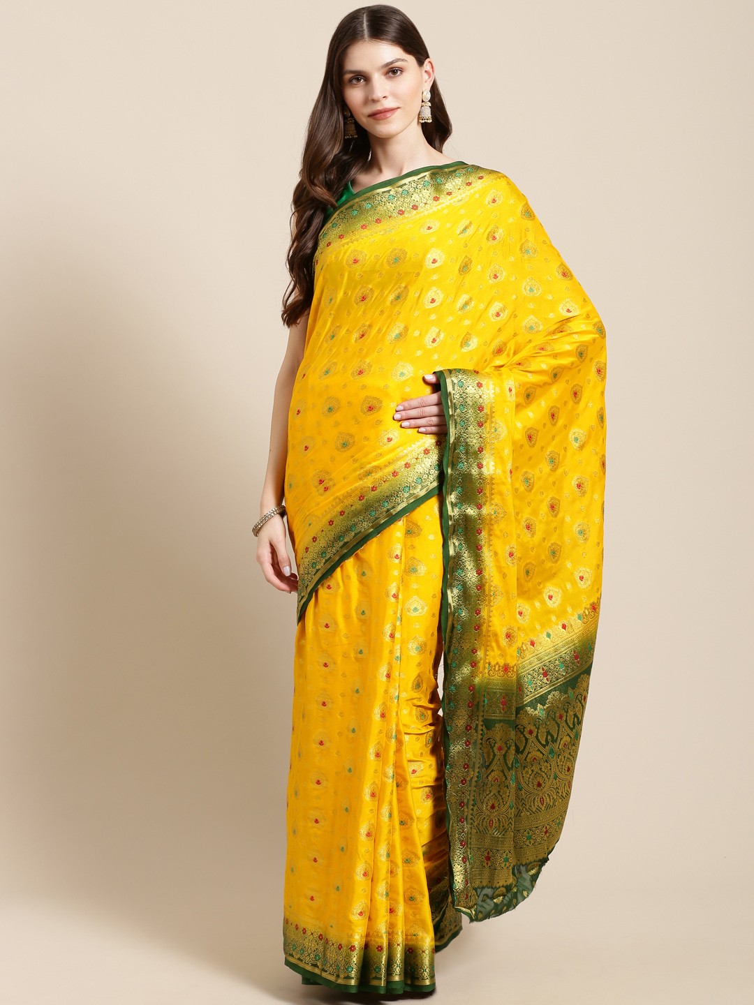 

Mitera Yellow & Golden Zari Woven Design Kanjeevaram Saree