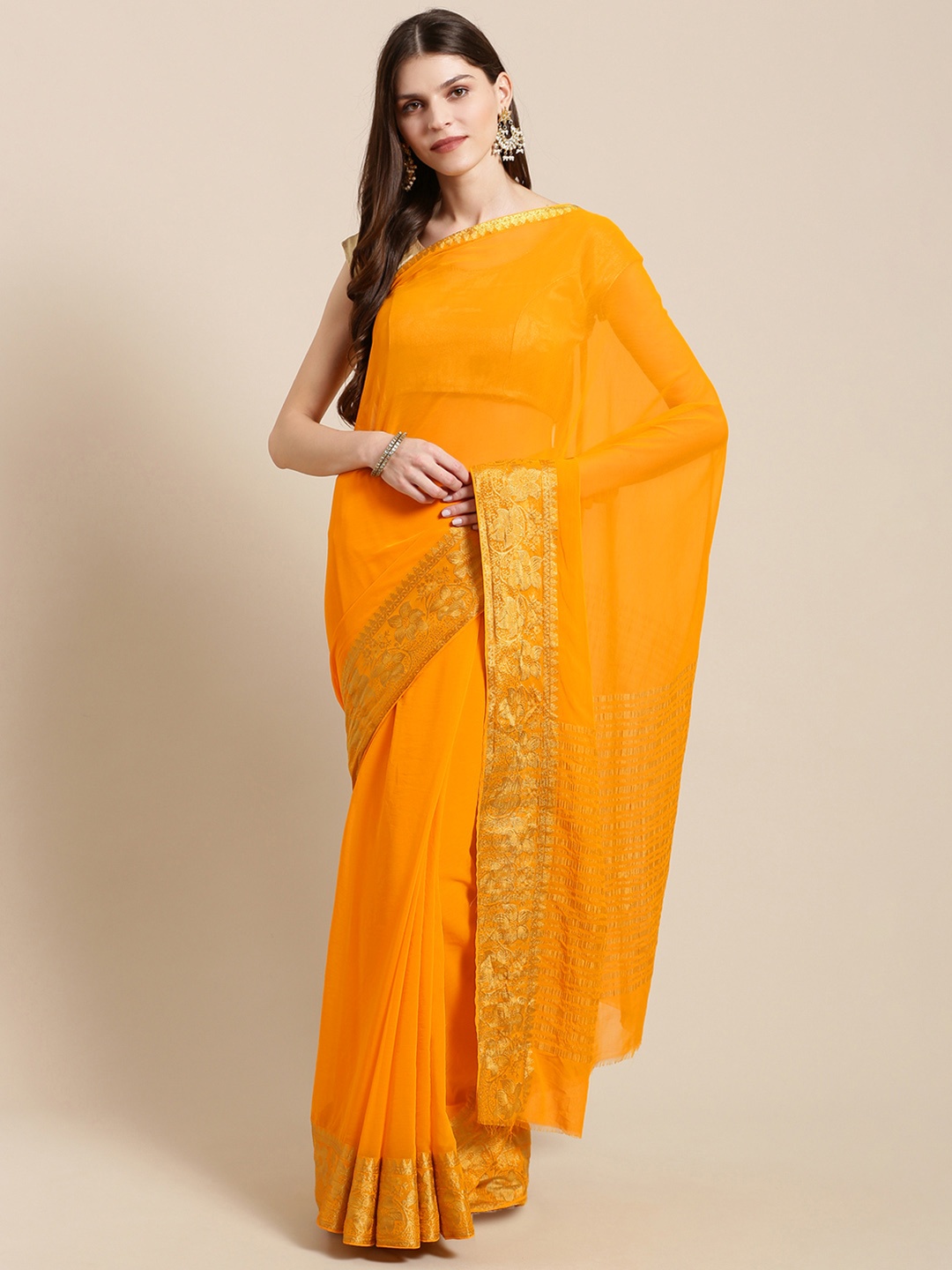 

Mitera Mustard Yellow Solid Kanjeevaram Saree