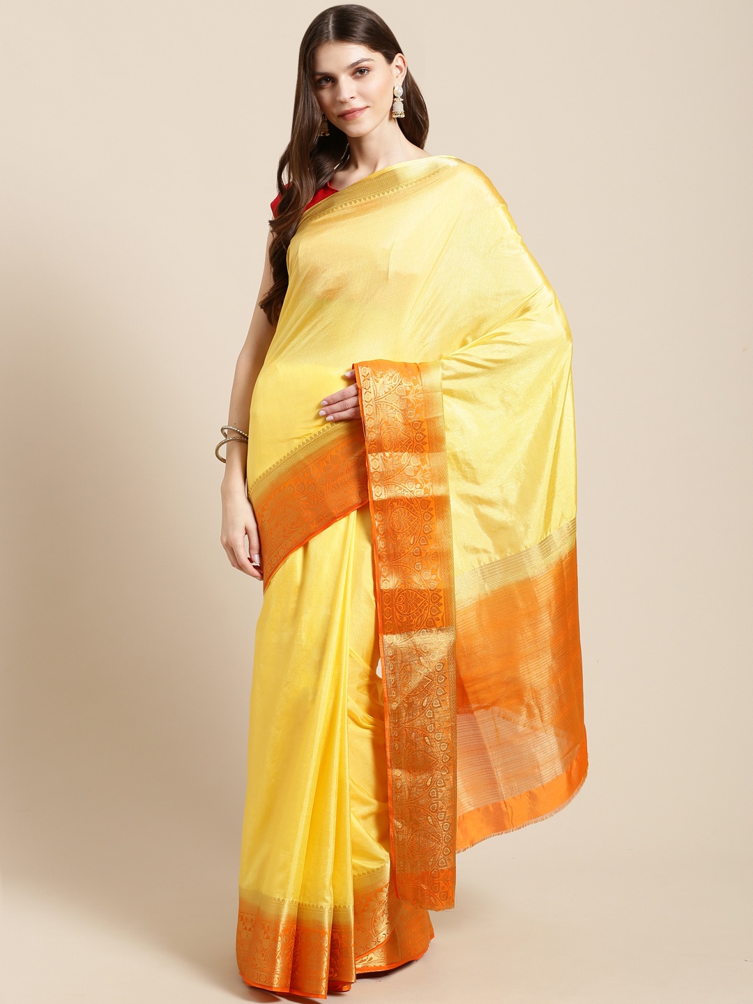 

Mitera Yellow Solid Zari Border Kanjeevaram Saree