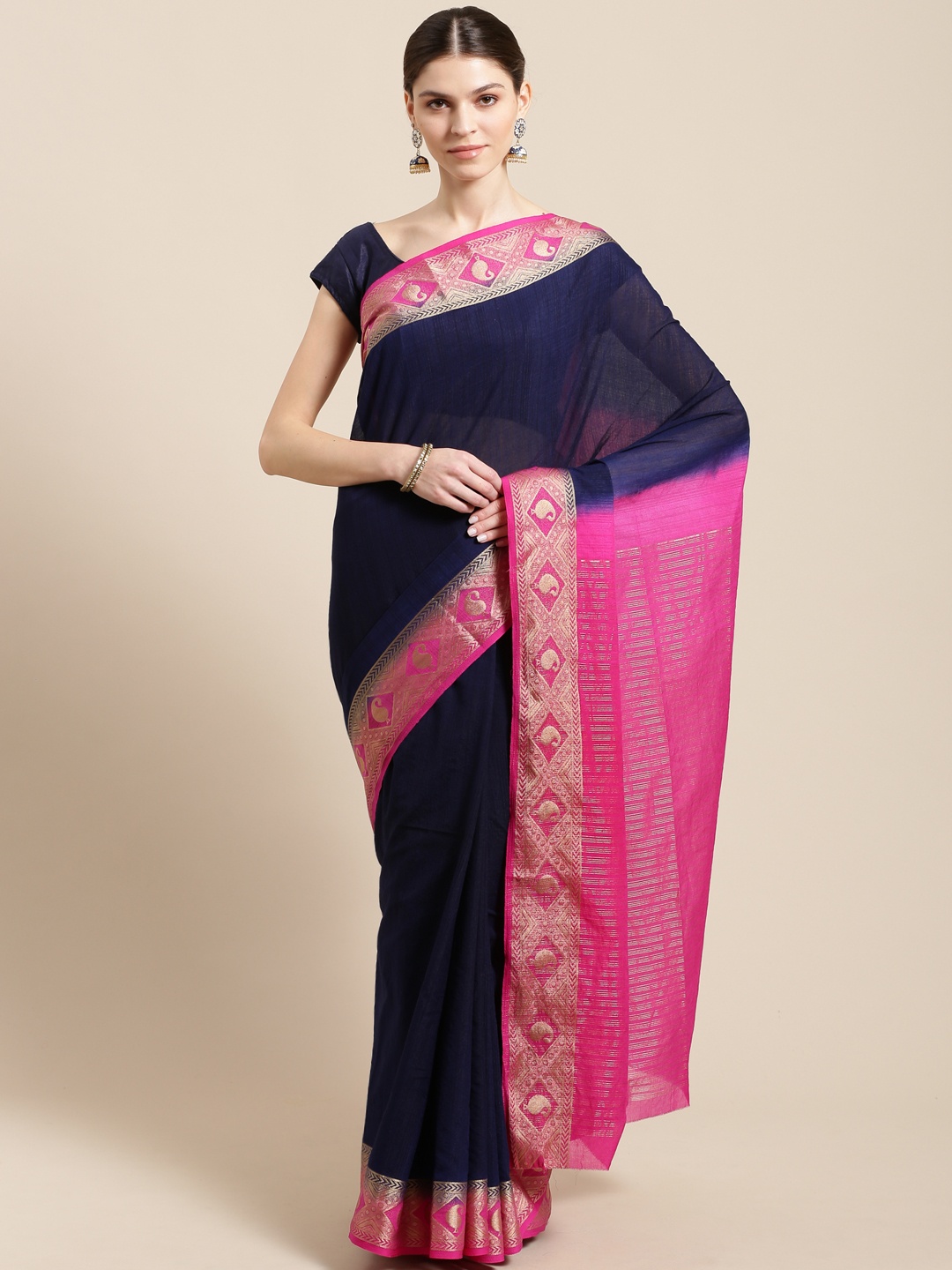 

Mitera Navy Blue & Pink Solid Kanjeevaram Saree With Zari Detail