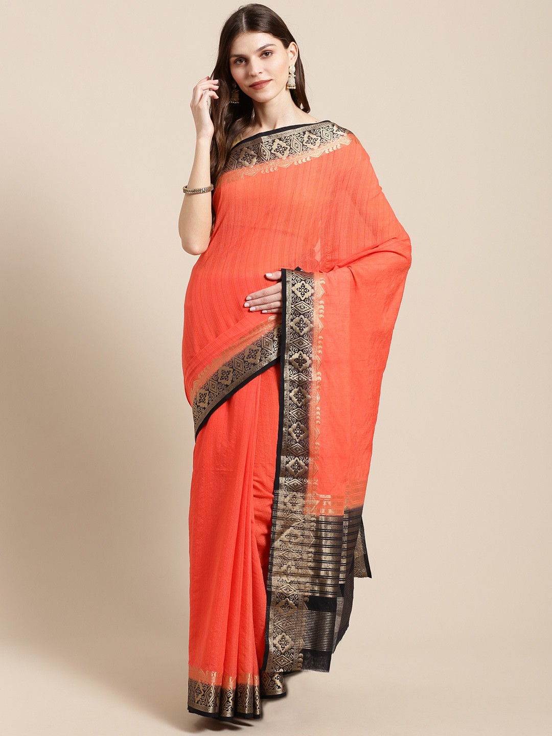 

Mitera Coral Red & Black Self-Striped Kanjeevaram Saree