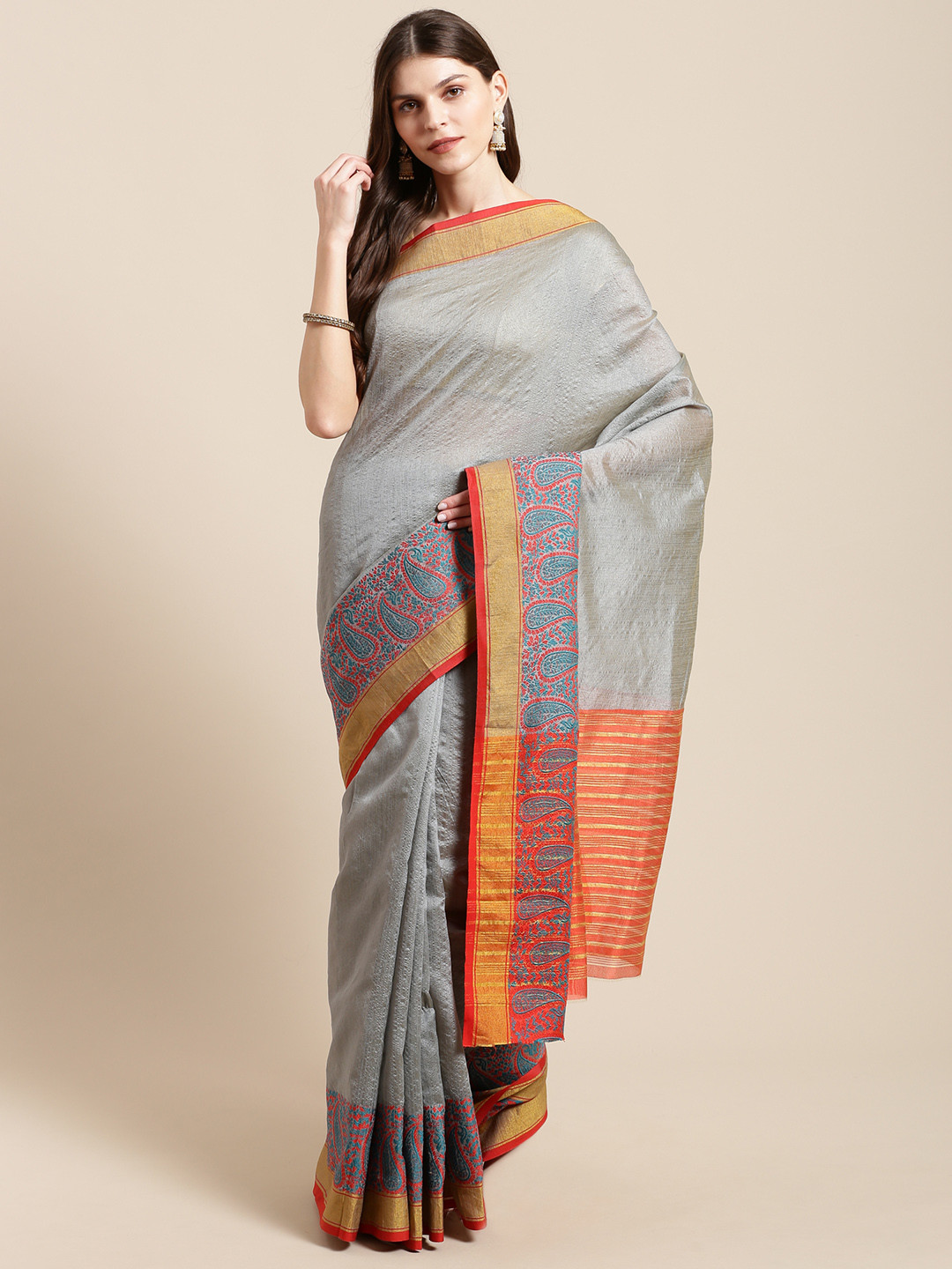 

Mitera Grey & Orange Solid Kanjeevaram Saree