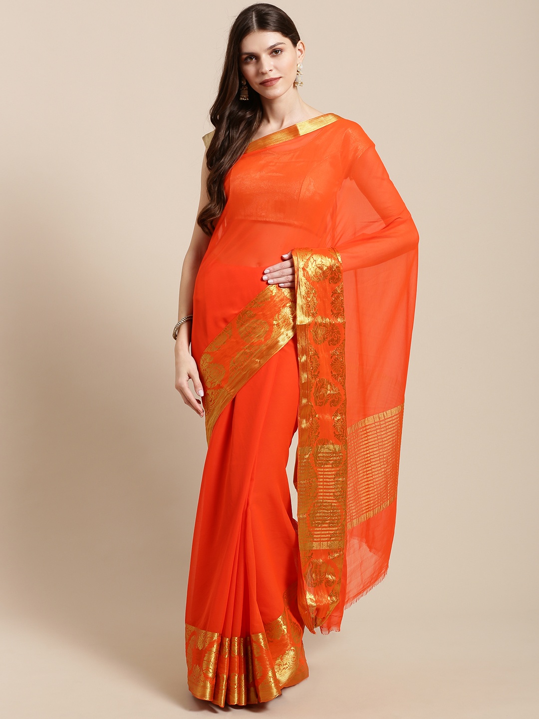 Mitera Orange & Golden Solid Kanjeevaram Saree With Zari Detail
