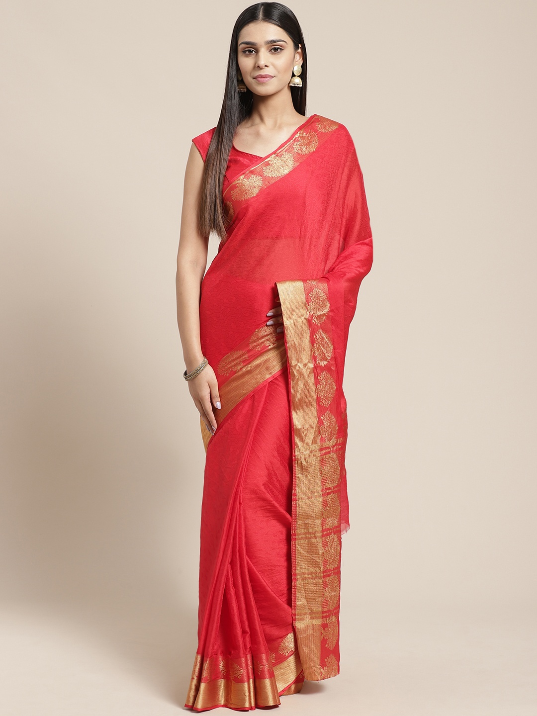 

Mitera Red & Golden Solid Paithani Saree