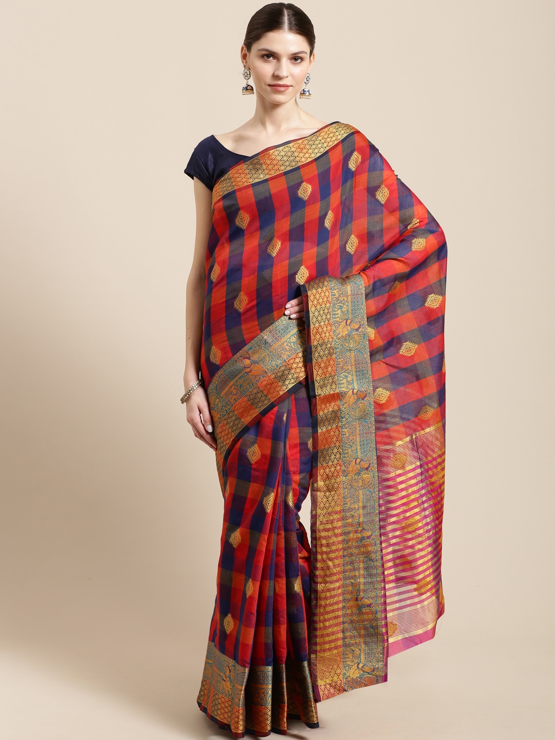 

Mitera Red & Blue Checked Kanjeevaram Saree