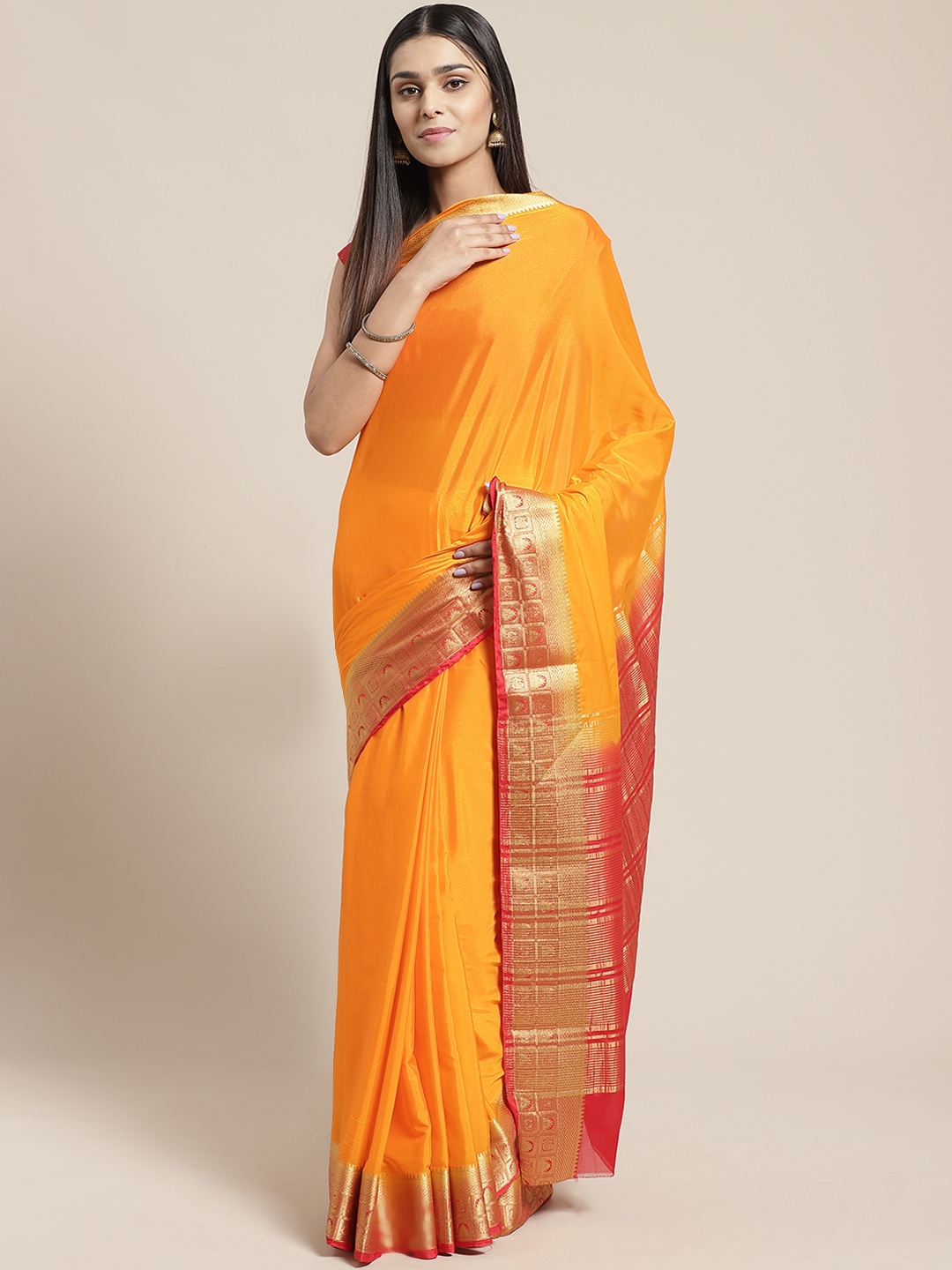 

Mitera Orange & Red Woven Design Kanjeevaram Saree