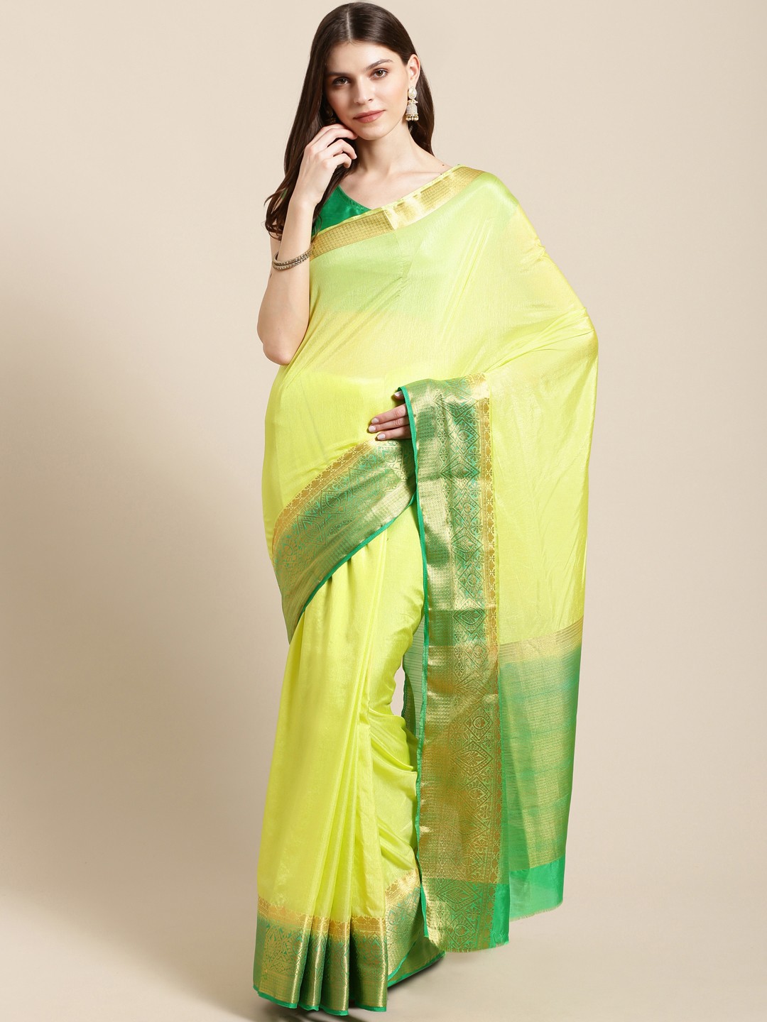 

Mitera Green Solid Kanjeevaram Saree