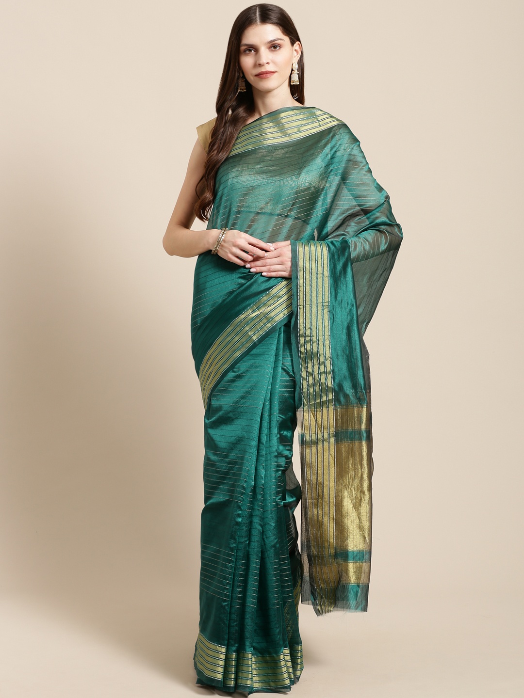 

Mitera Teal Green & Golden Zari Striped Kanjeevaram Saree