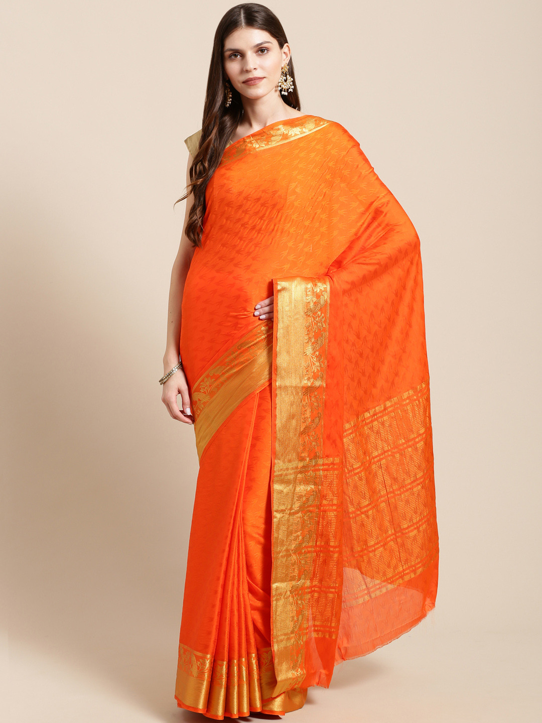 

Mitera Orange & Golden Printed Kanjeevaram Saree With Zari Detail