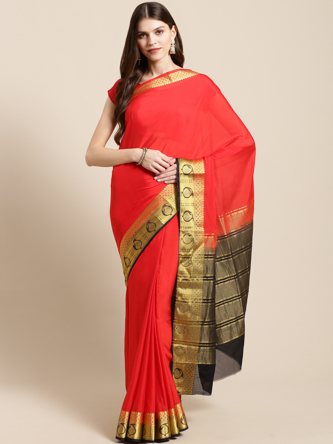 

Mitera Red Solid Zari Kanjeevaram Saree