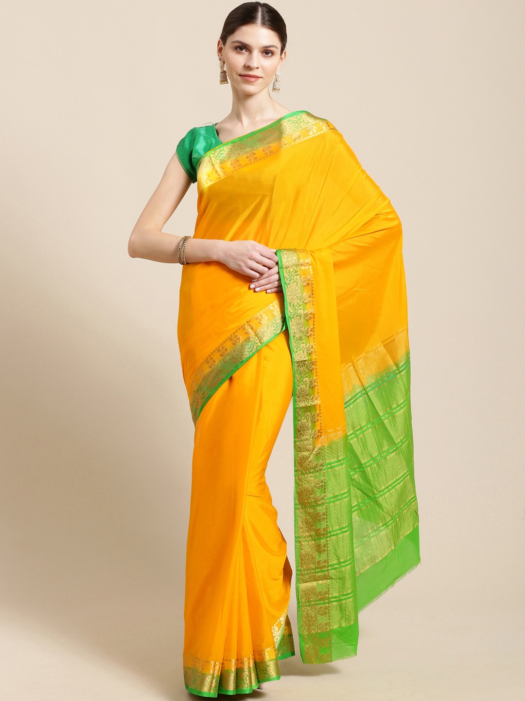 

Mitera Yellow Solid Kanjeevaram Saree