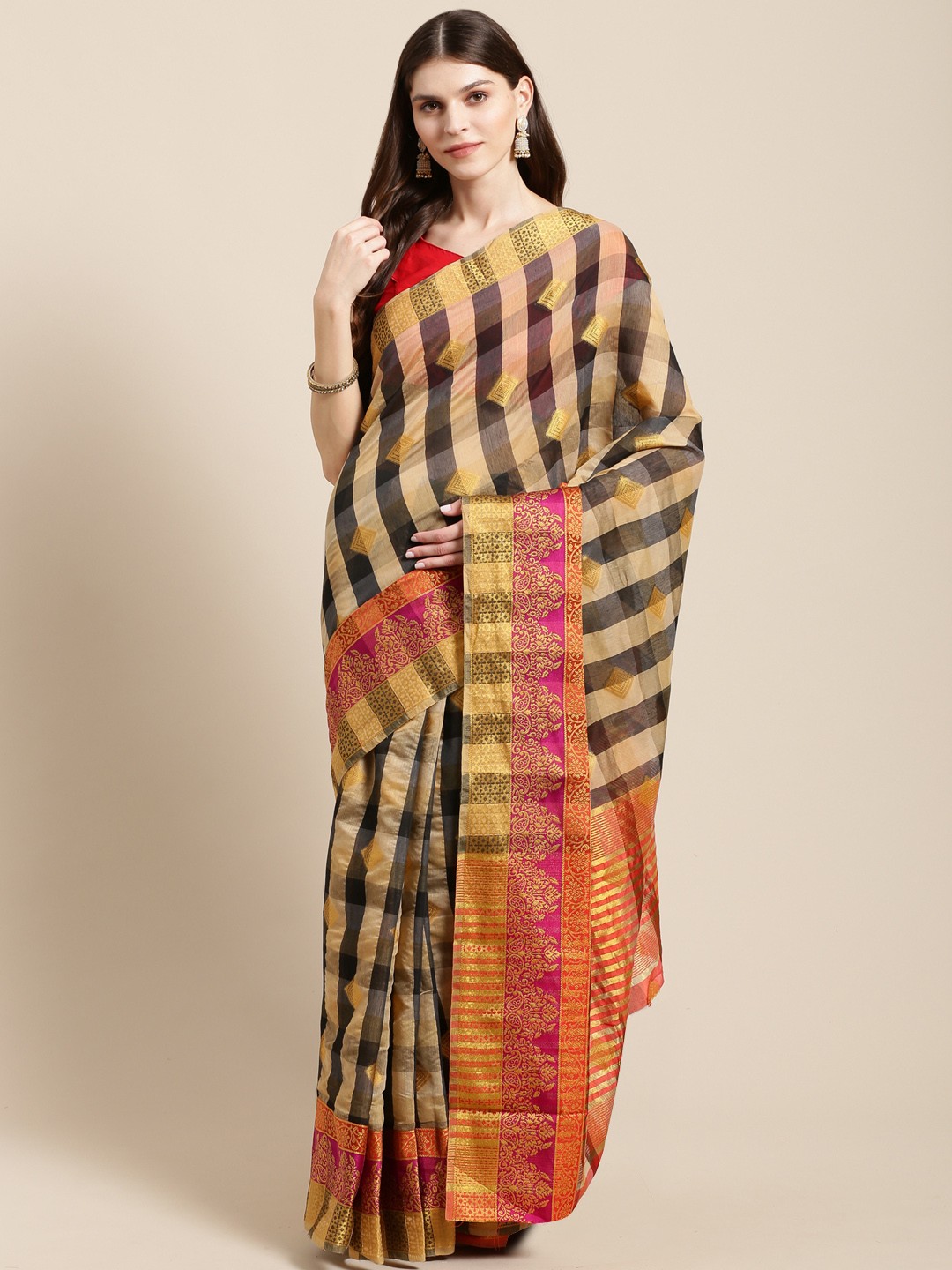 

Mitera Beige & Black Checked Zari Kanjeevaram Saree