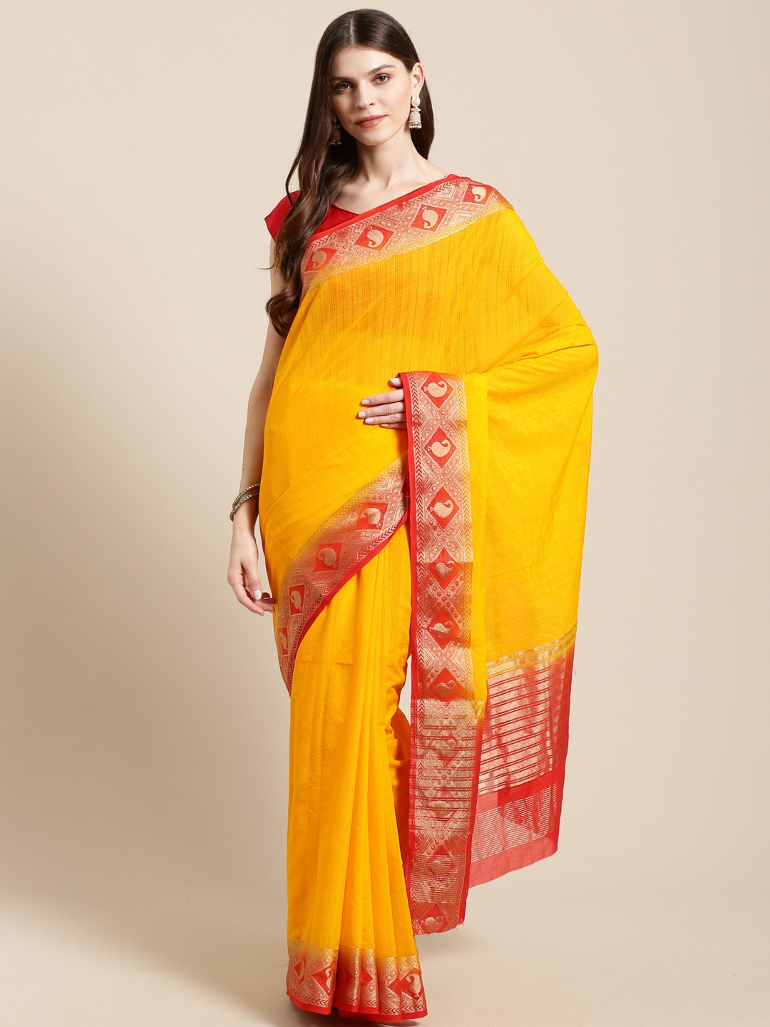 

Mitera Yellow Self-Striped Kanjeevaram Saree