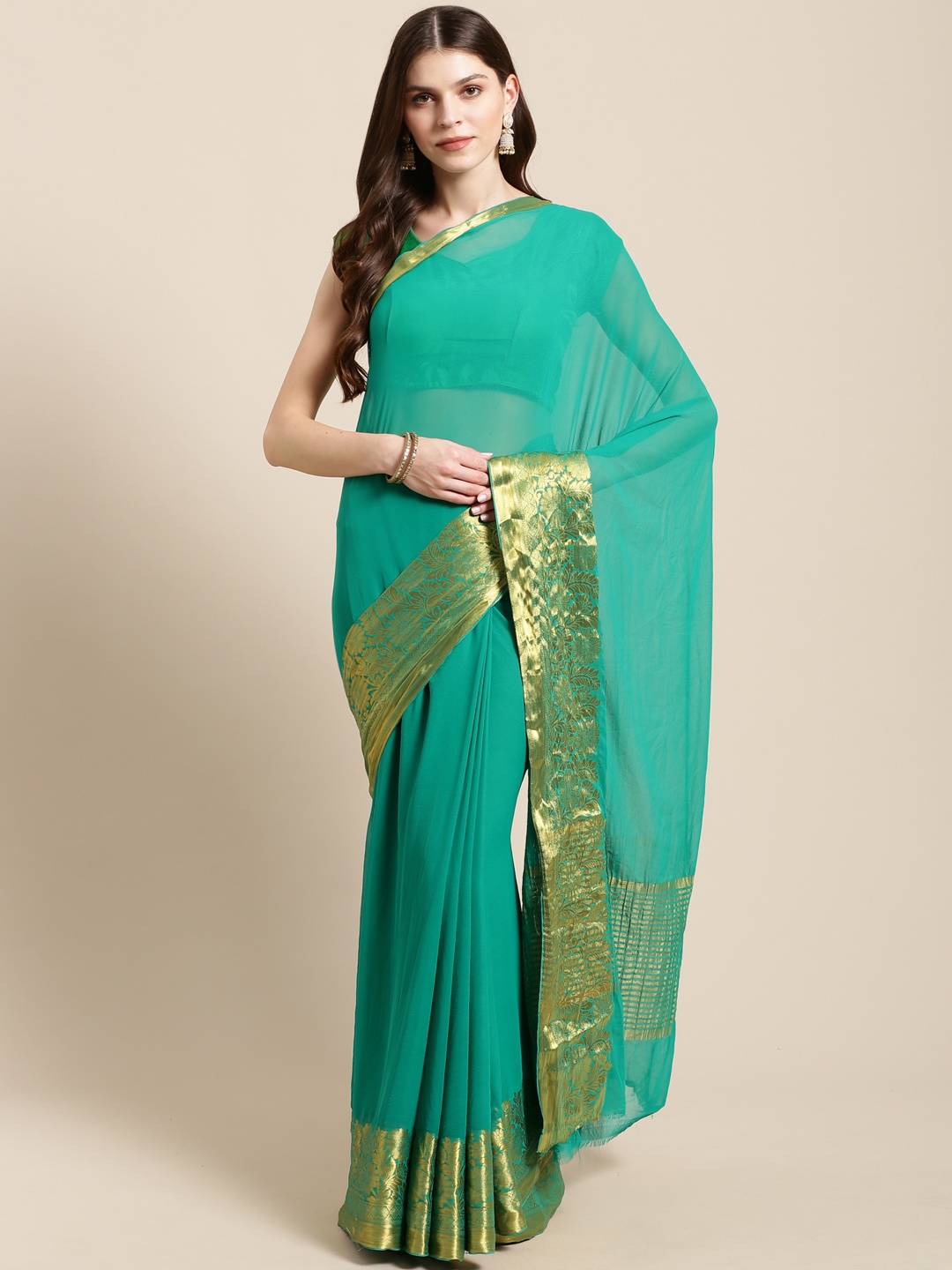 

Mitera Green Solid Kanjeevaram Saree