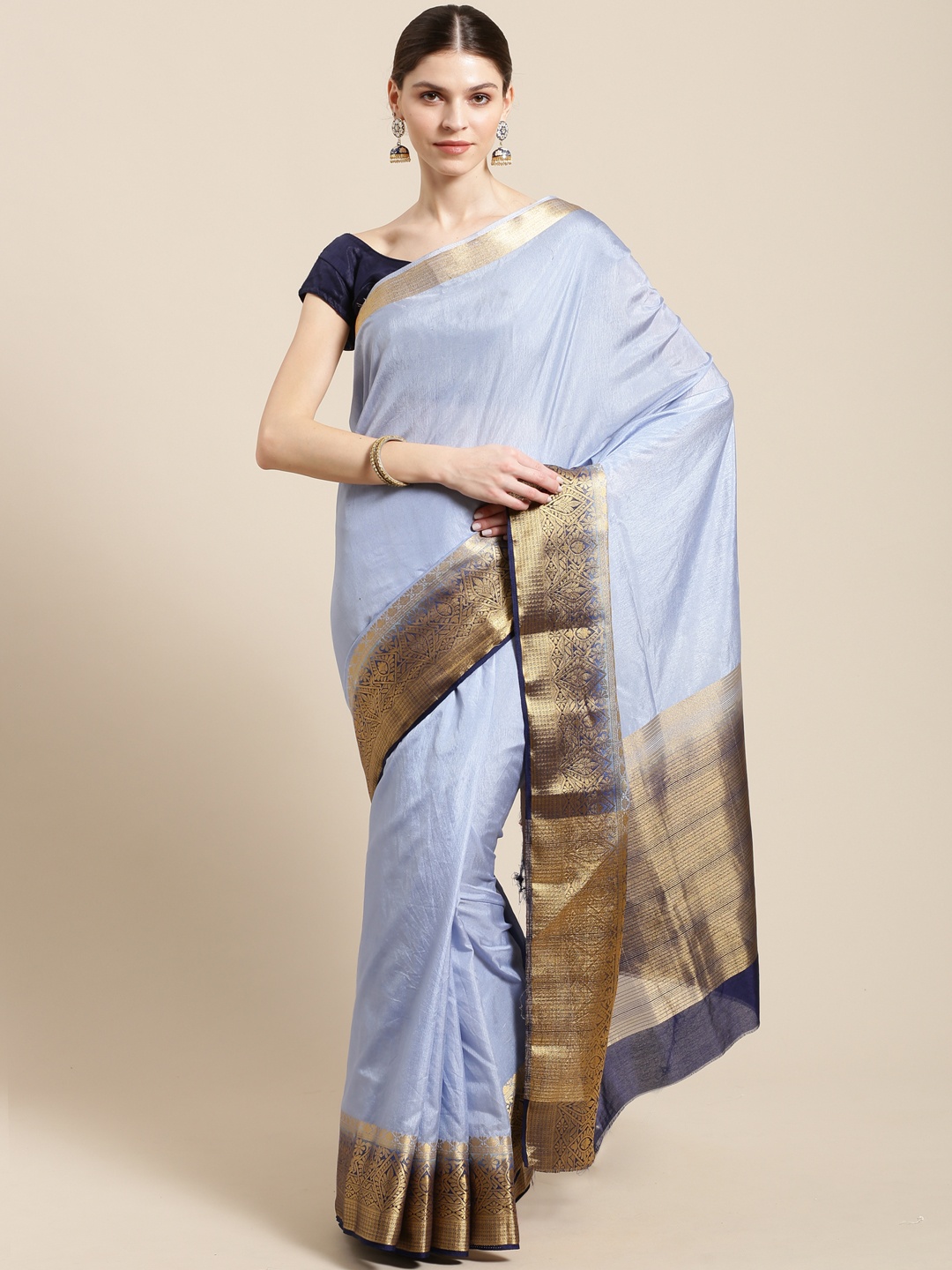 

Mitera Grey & Golden Solid Zari Kanjeevaram Saree