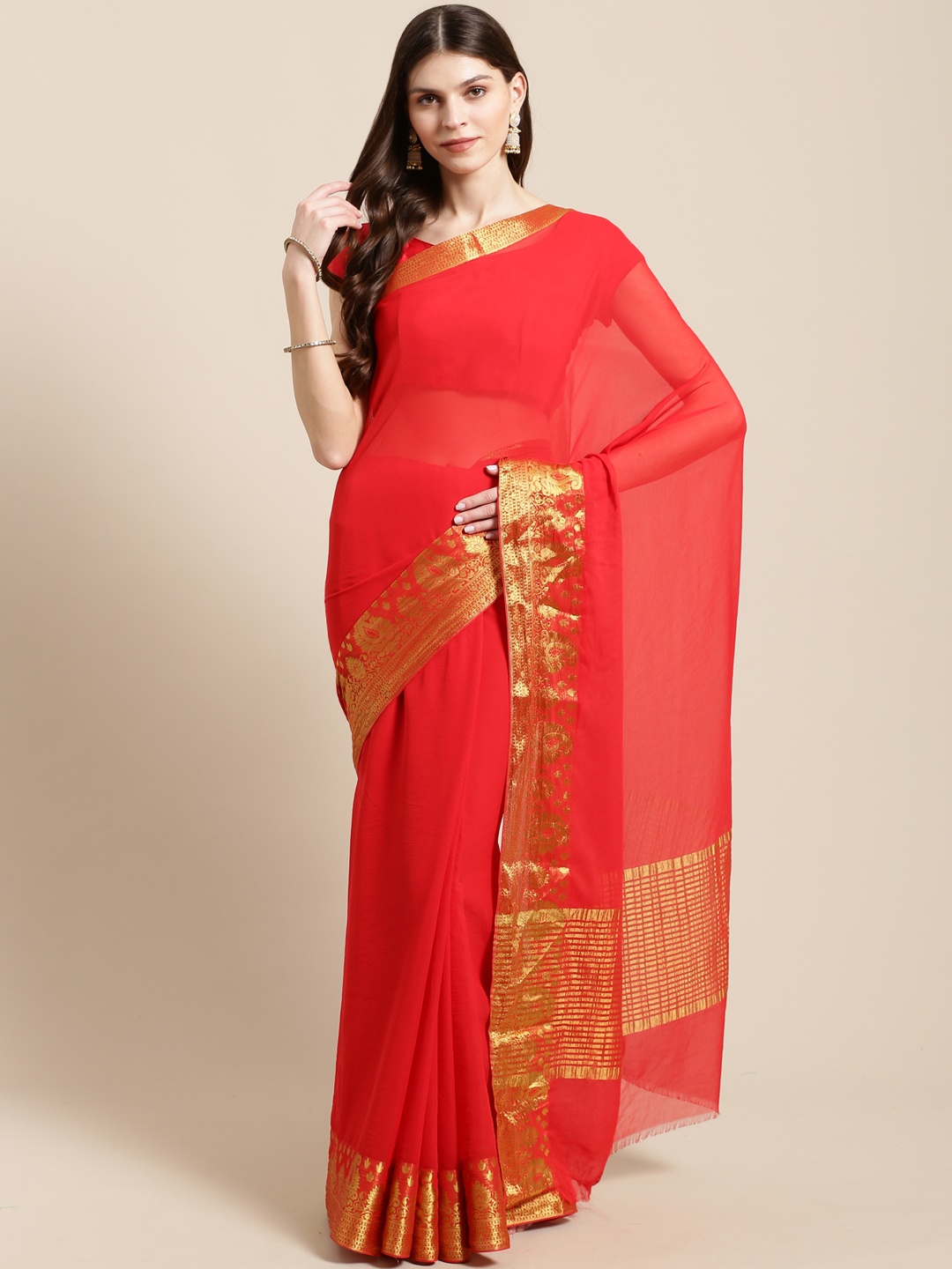

Mitera Red & Golden Solid Kanjeevaram Saree