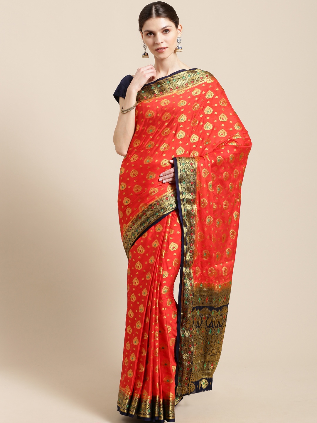 

Mitera Red & Golden Woven Design Kanjeevaram Saree