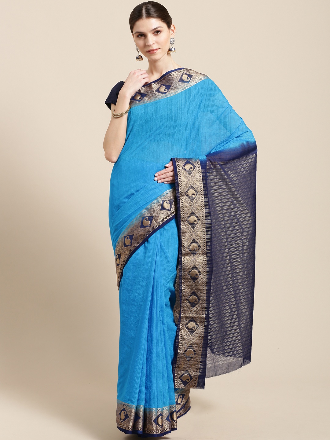 Mitera Blue & Golden Solid Kanjeevaram Saree
