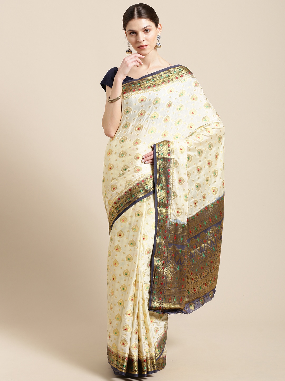 

Mitera Cream-Coloured & Golden Zari Woven Design Kanjeevaram Saree