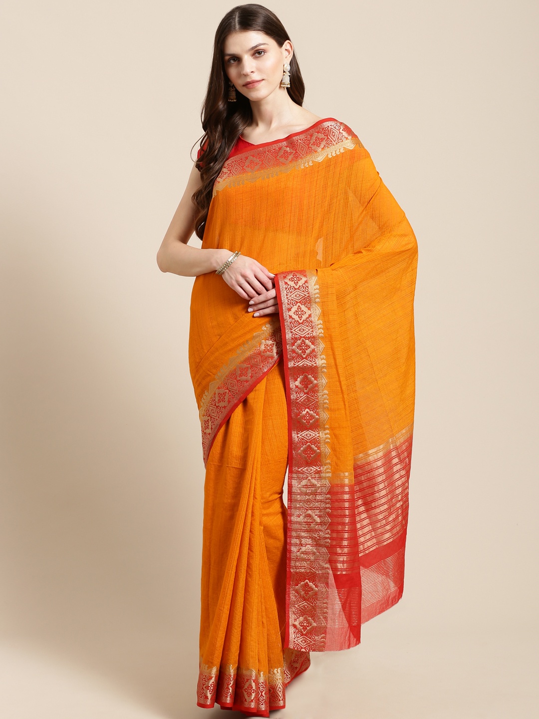 

Mitera Orange & Red Self-Striped Kanjeevaram Saree