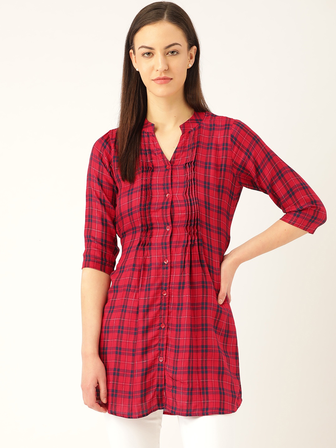 

One Femme Women Red & Navy Blue Sheen Finish Checked Tunic
