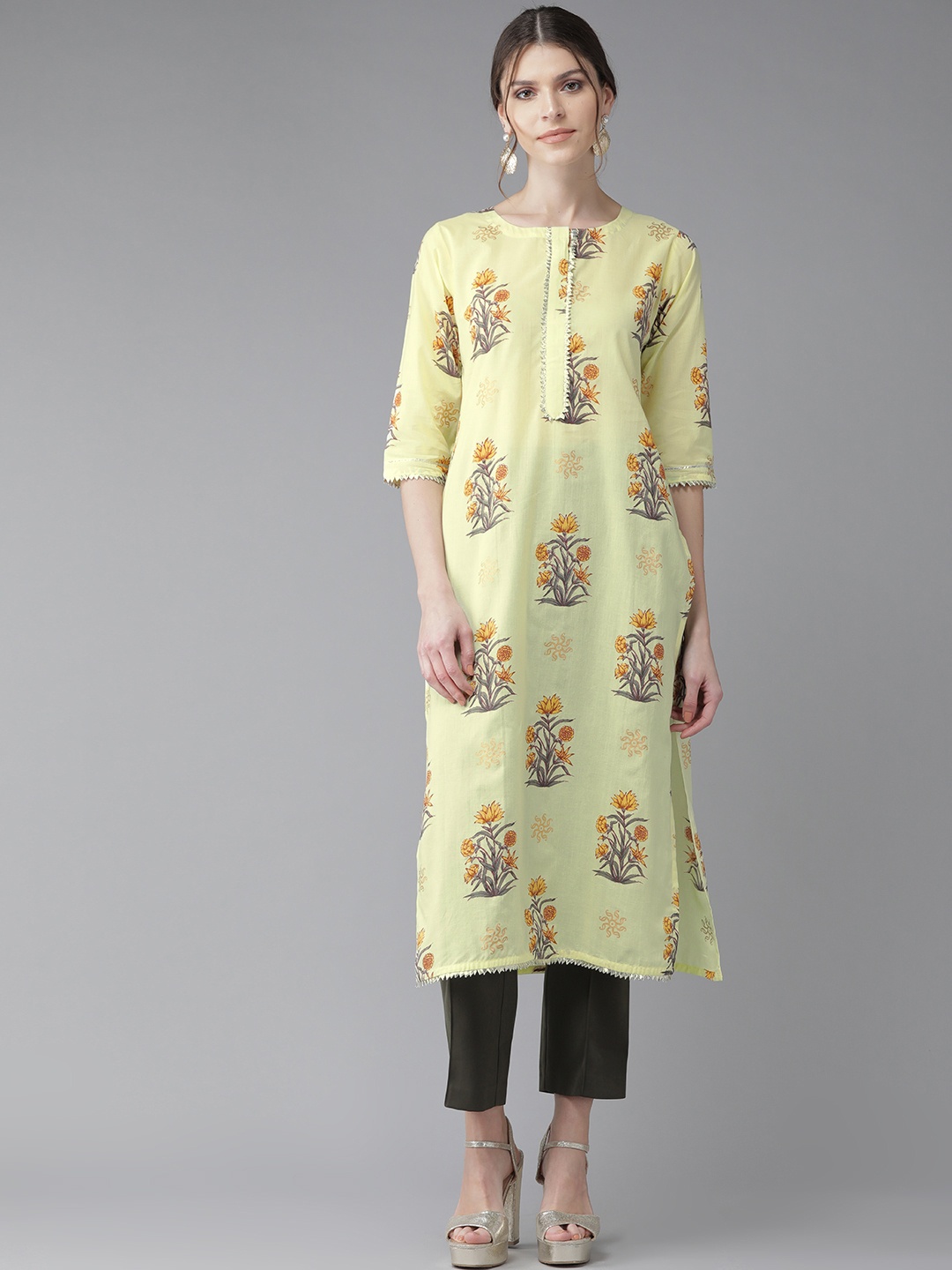 

Libas Women Yellow & Charcoal Grey Printed Straight Kurta