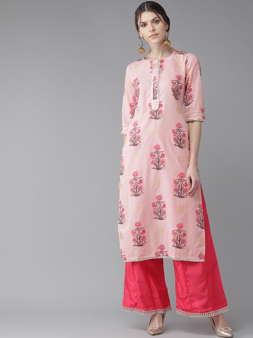 

Libas Women Pink & Charcoal Grey Printed Straight Kurta