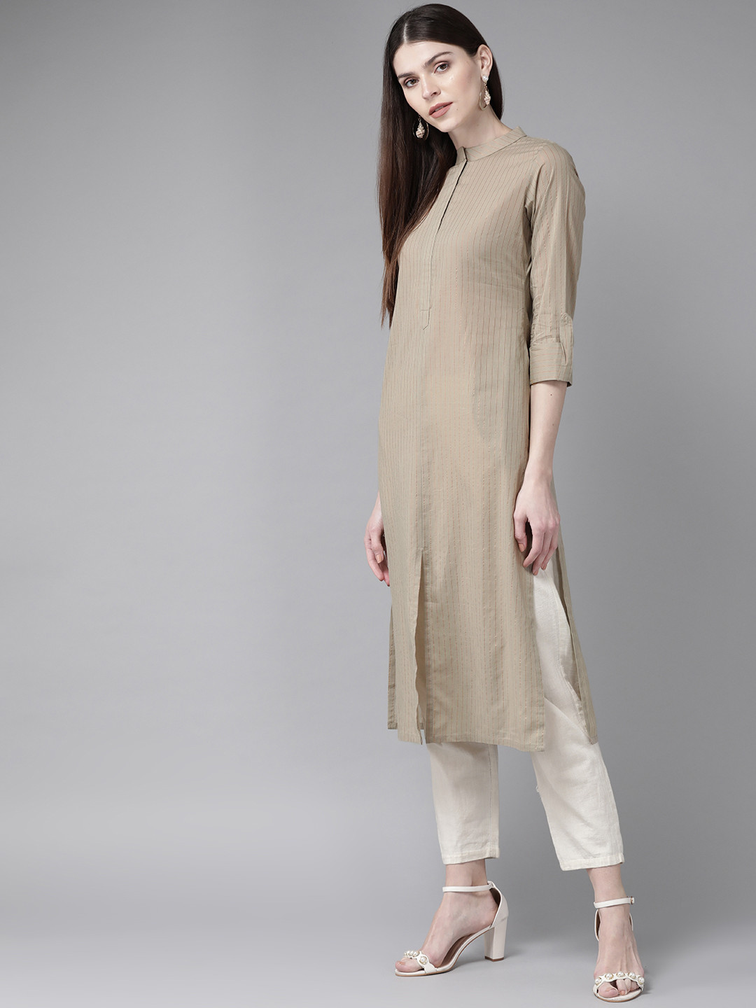 

Libas Women Taupe & Golden Striped Straight Kurta