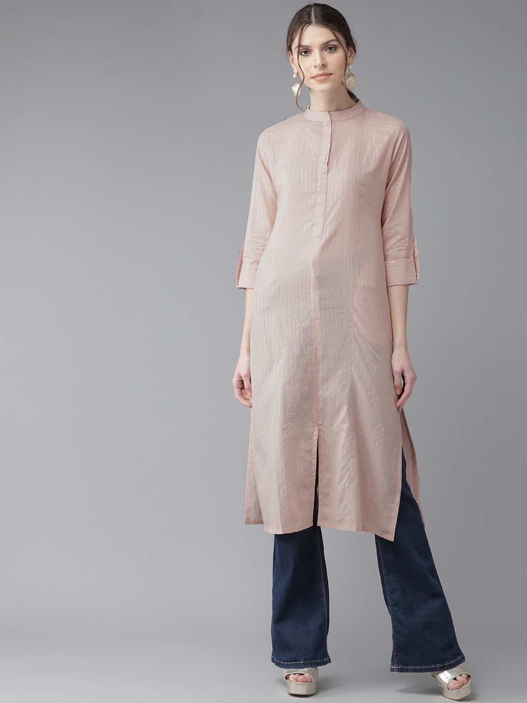 

Libas Women Peach-Coloured & Golden Striped Straight Kurta