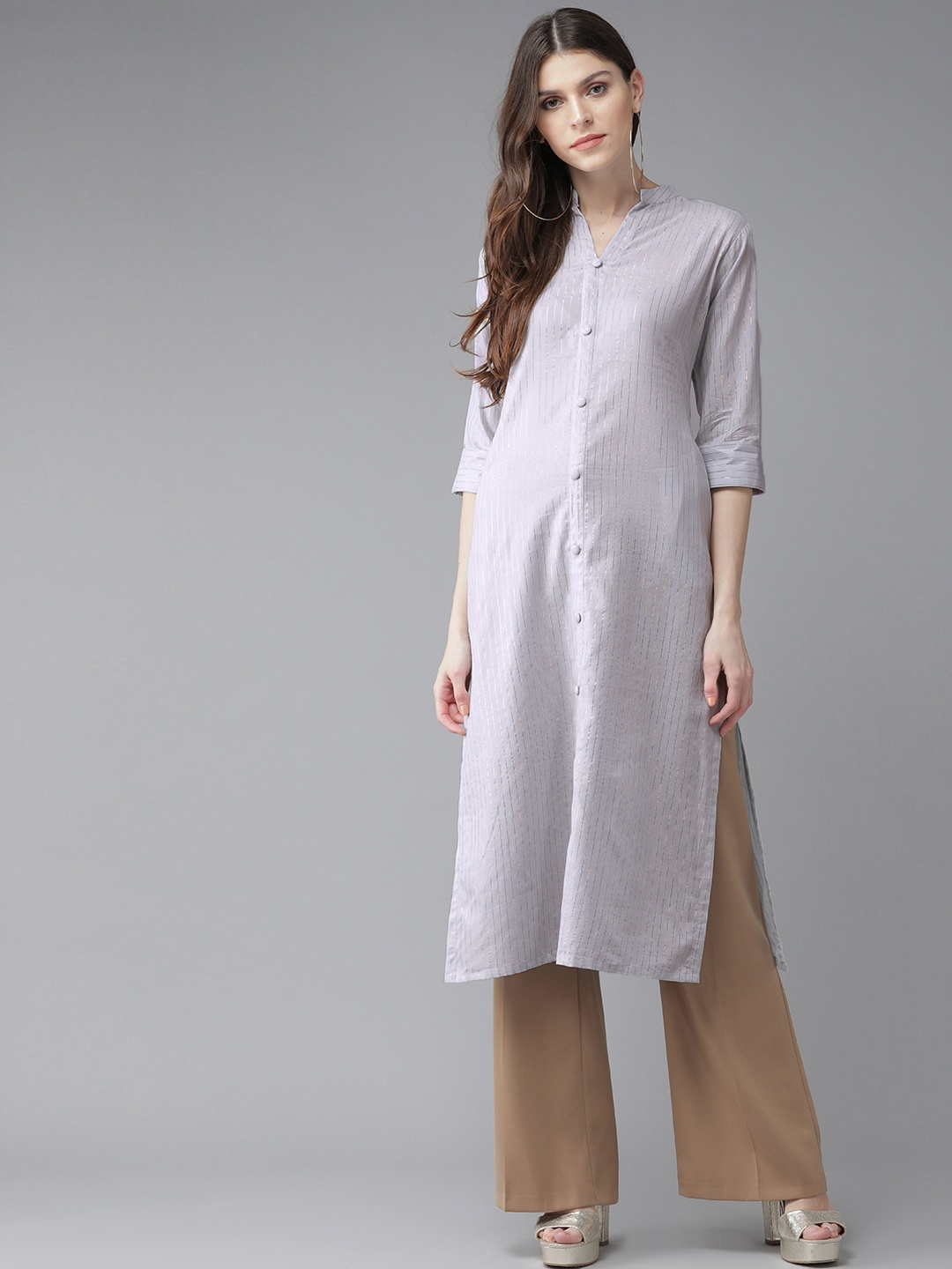 

Libas Women Grey & Golden Striped Straight Kurta