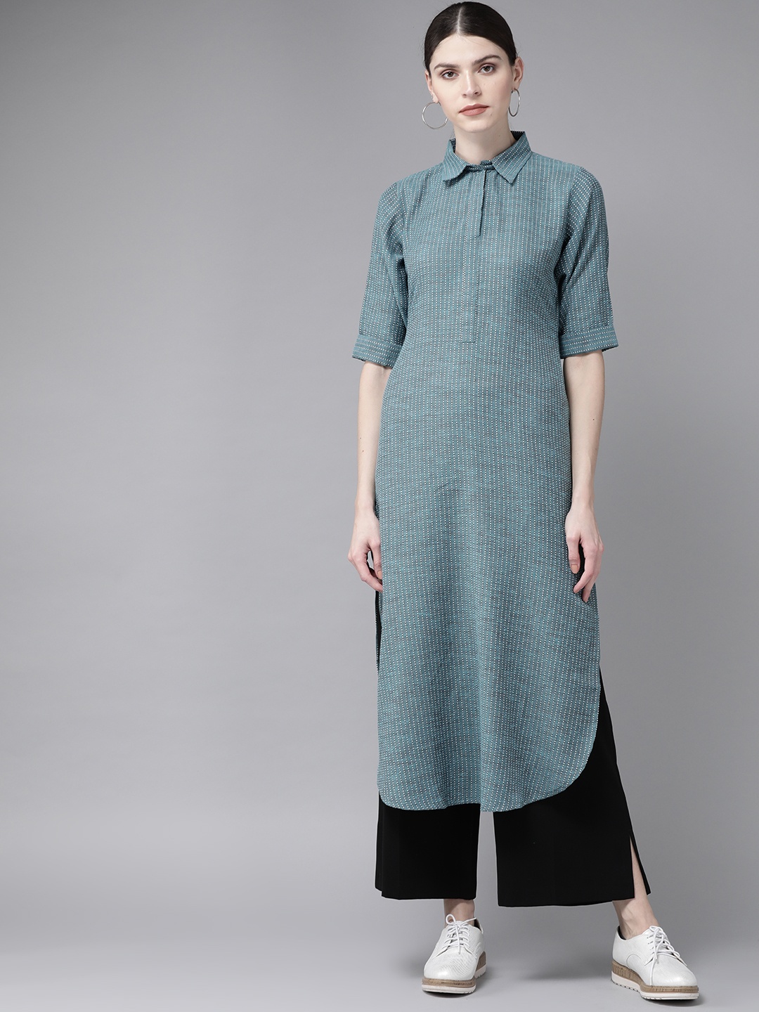 

Libas Women Blue & White Striped Pathani Kurta