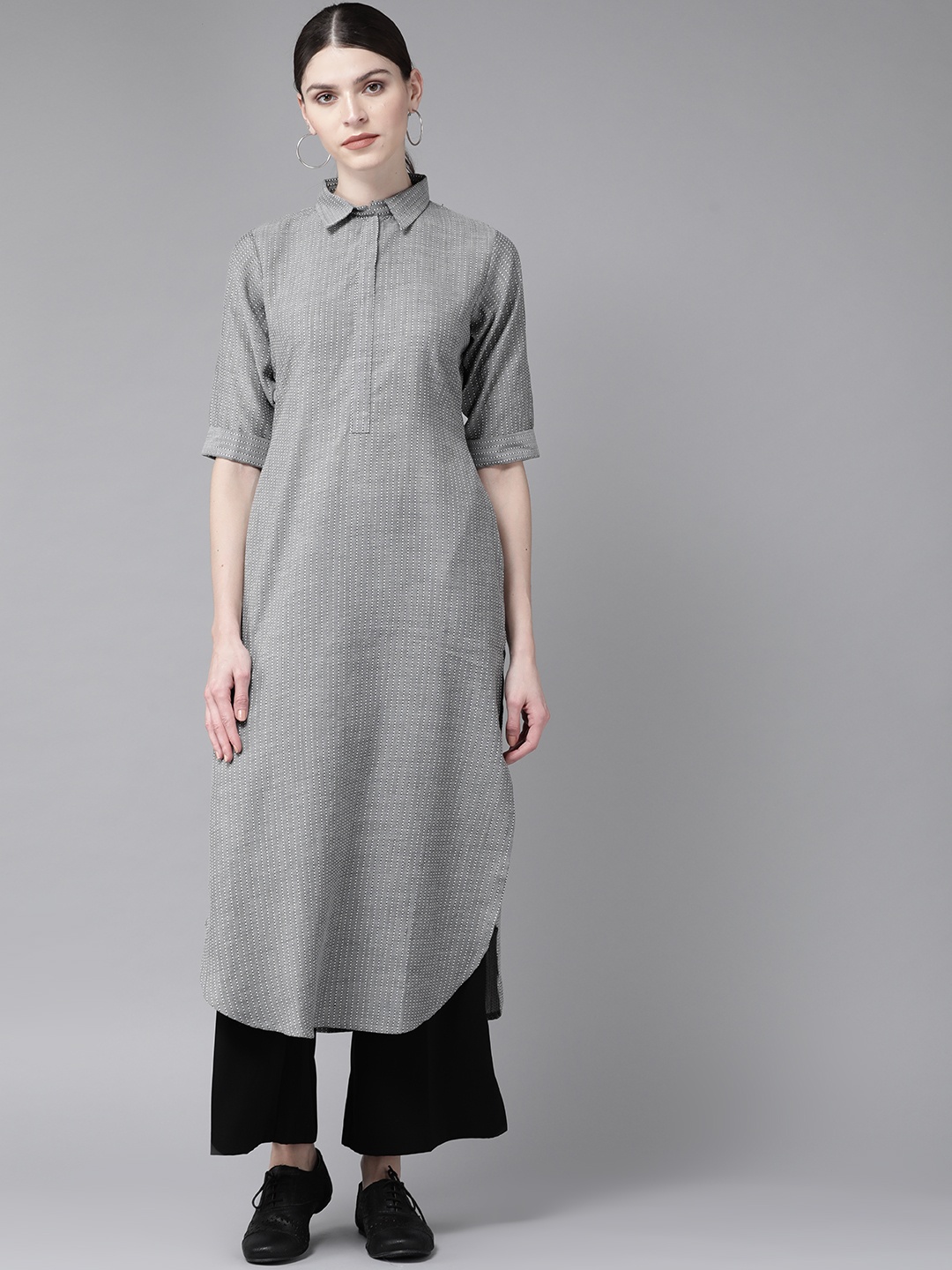 

Libas Women Grey & White Striped Pathani Kurta