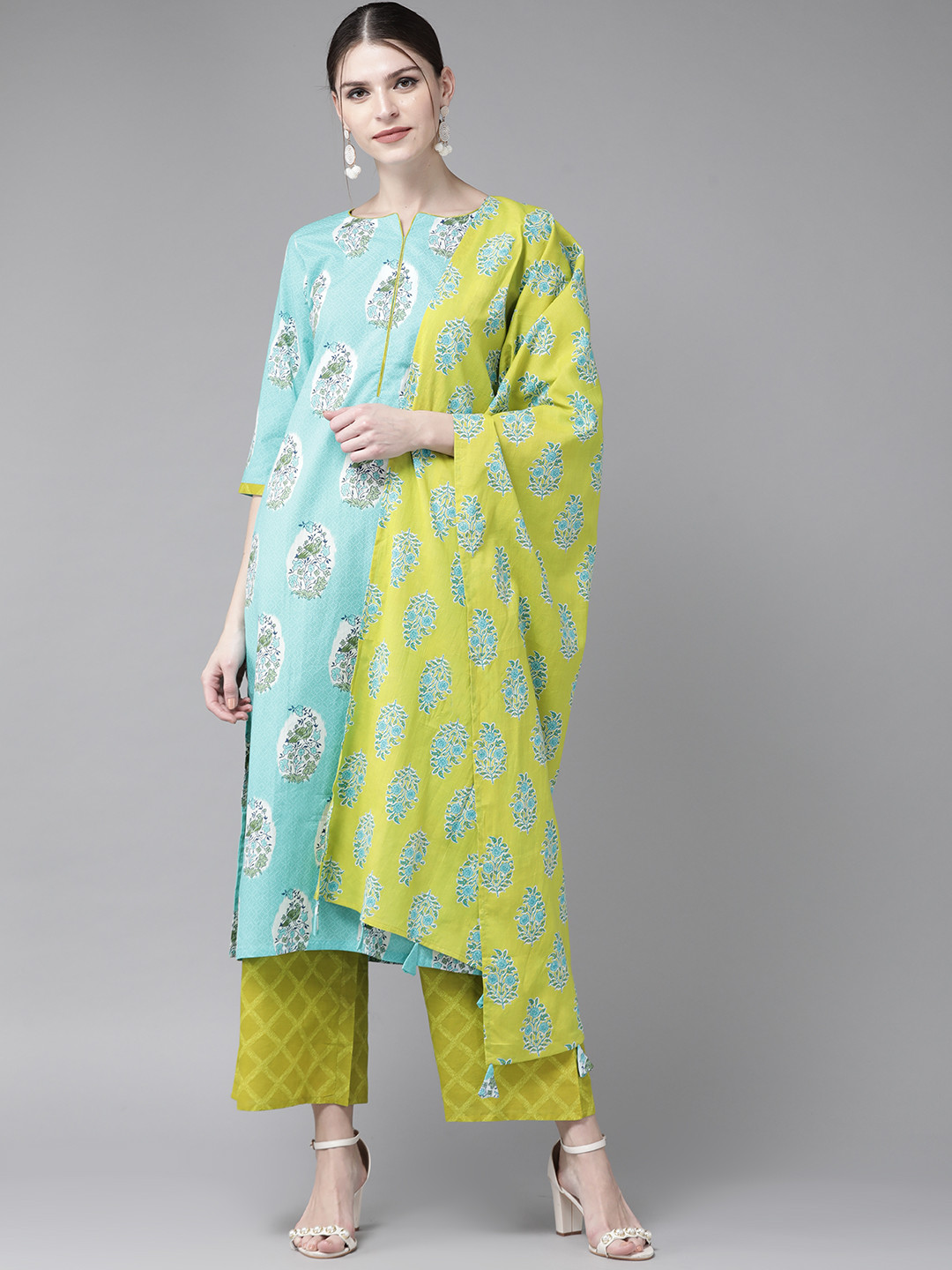 

Libas Women Blue Printed Kurta with Palazzos & Dupatta