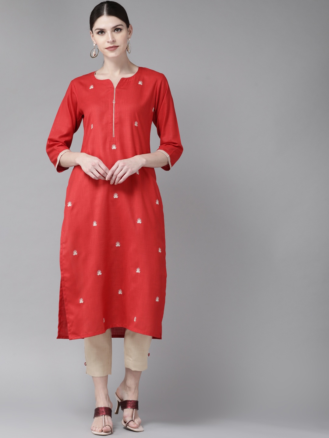 

Libas Women Red & Beige Embroidered Kurta with Trousers
