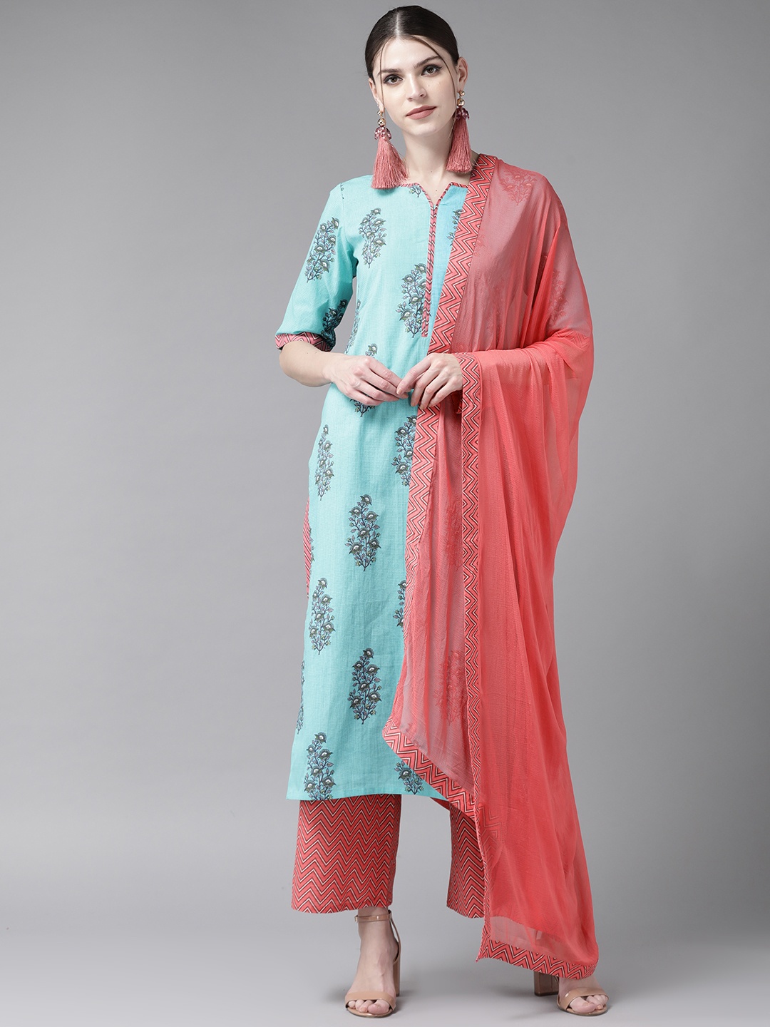 

Libas Women Blue Printed Kurta with Palazzos & Dupatta
