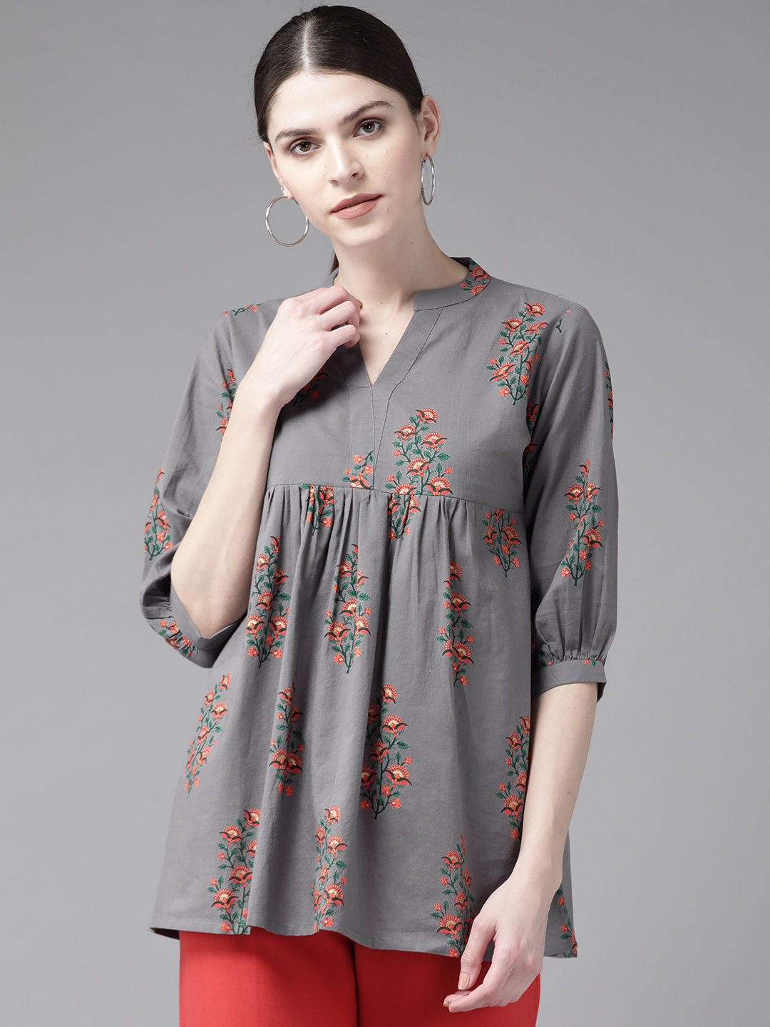 

Libas Women Charcoal Grey & Orange Floral Pure Cotton Print A-Line Kurti