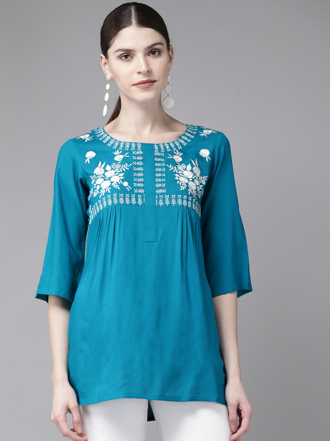 

Libas Women Blue & White Embroidered A-Line Kurti, Teal
