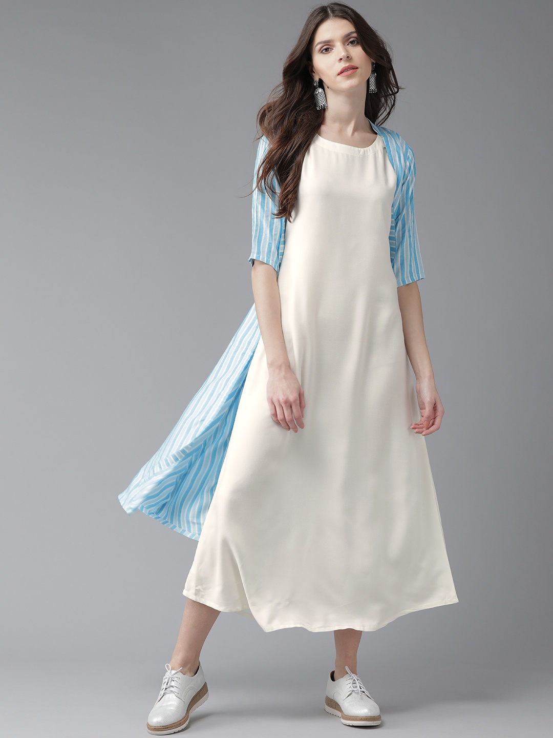

Libas Women Blue & Off-White Striped Maxi Dress with Ethnic Jacket